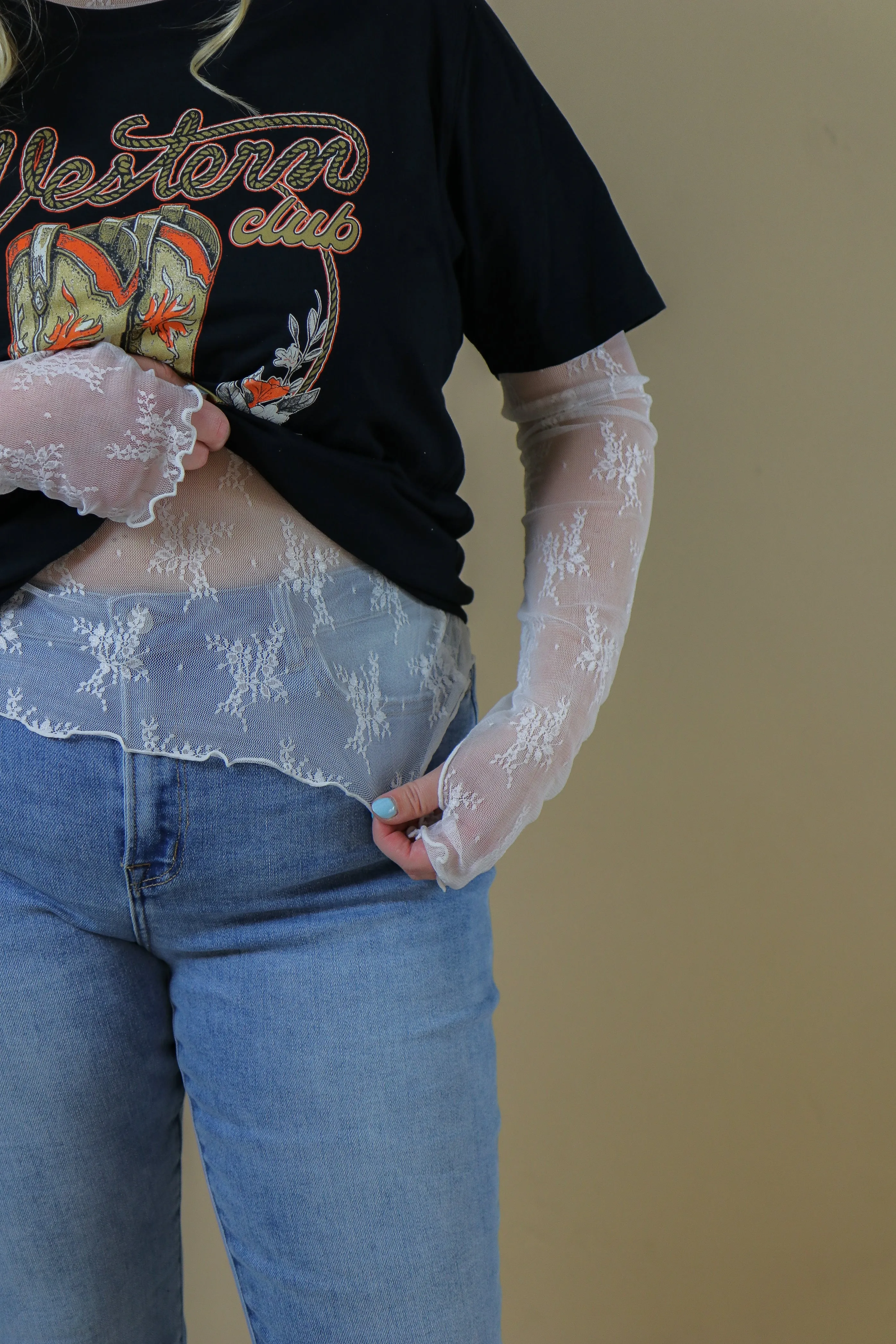 Mock Neck Lace Long Sleeve Top w/Thumb Holes