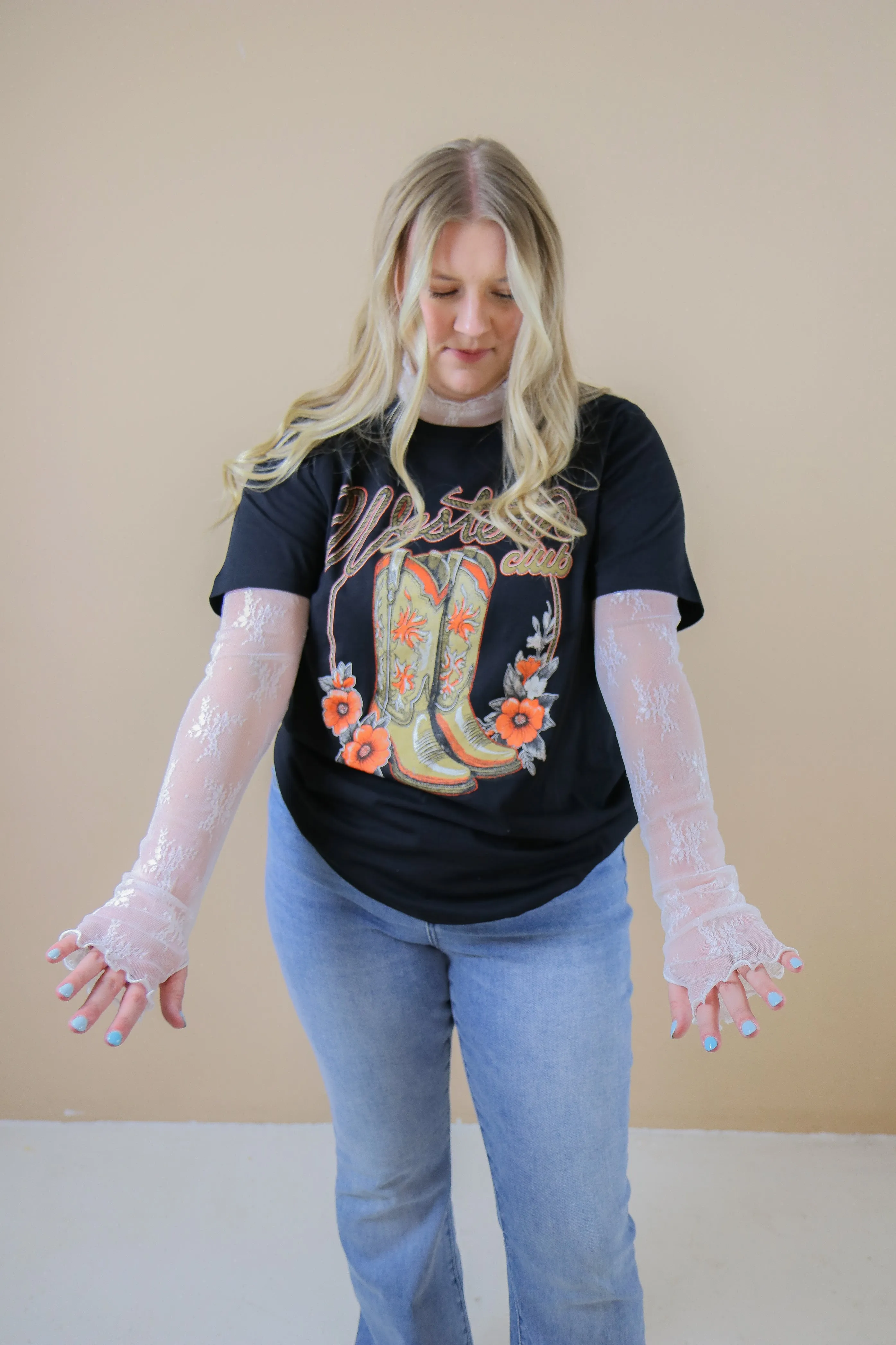 Mock Neck Lace Long Sleeve Top w/Thumb Holes