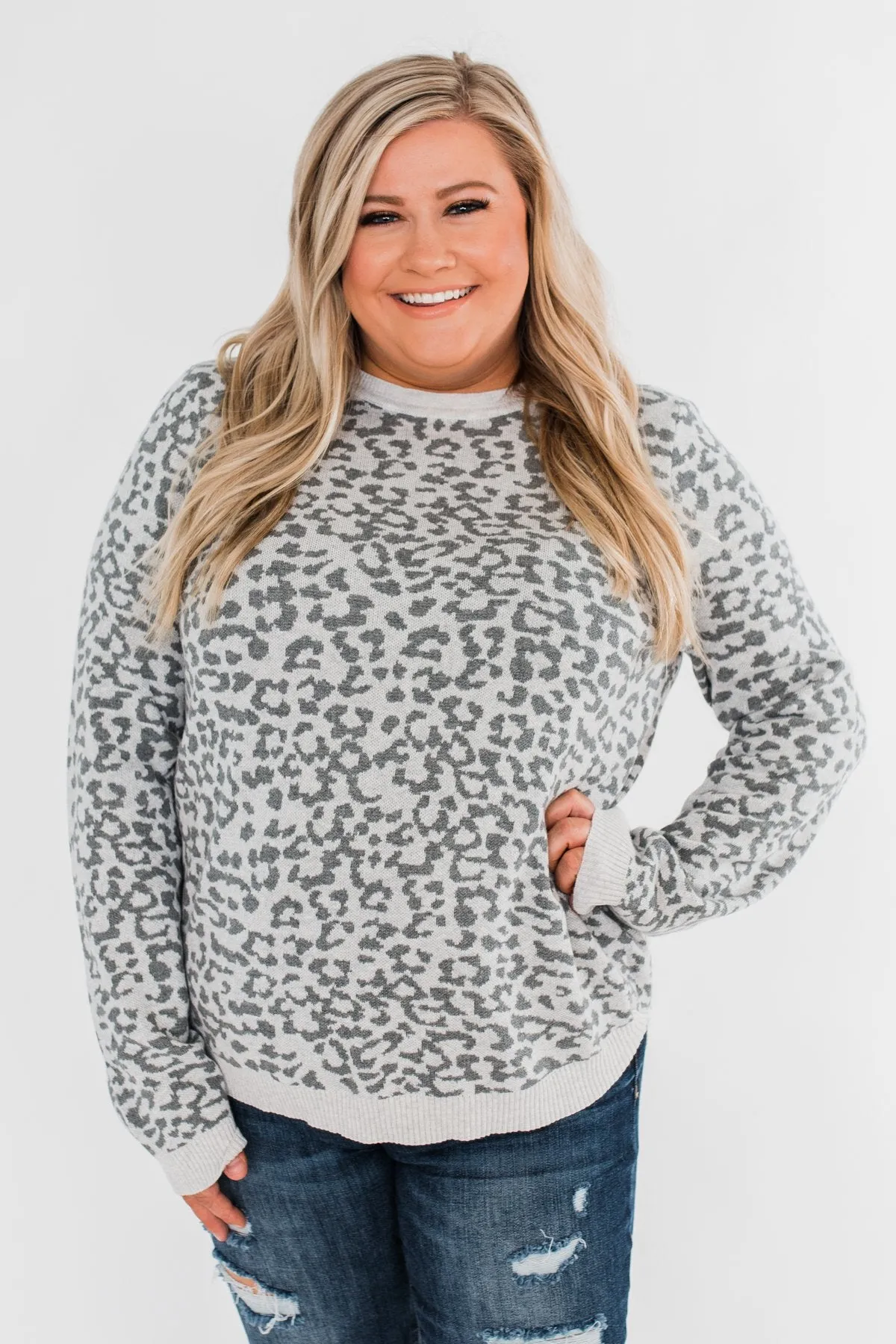Naturally Fierce Leopard Sweater- Heather Grey