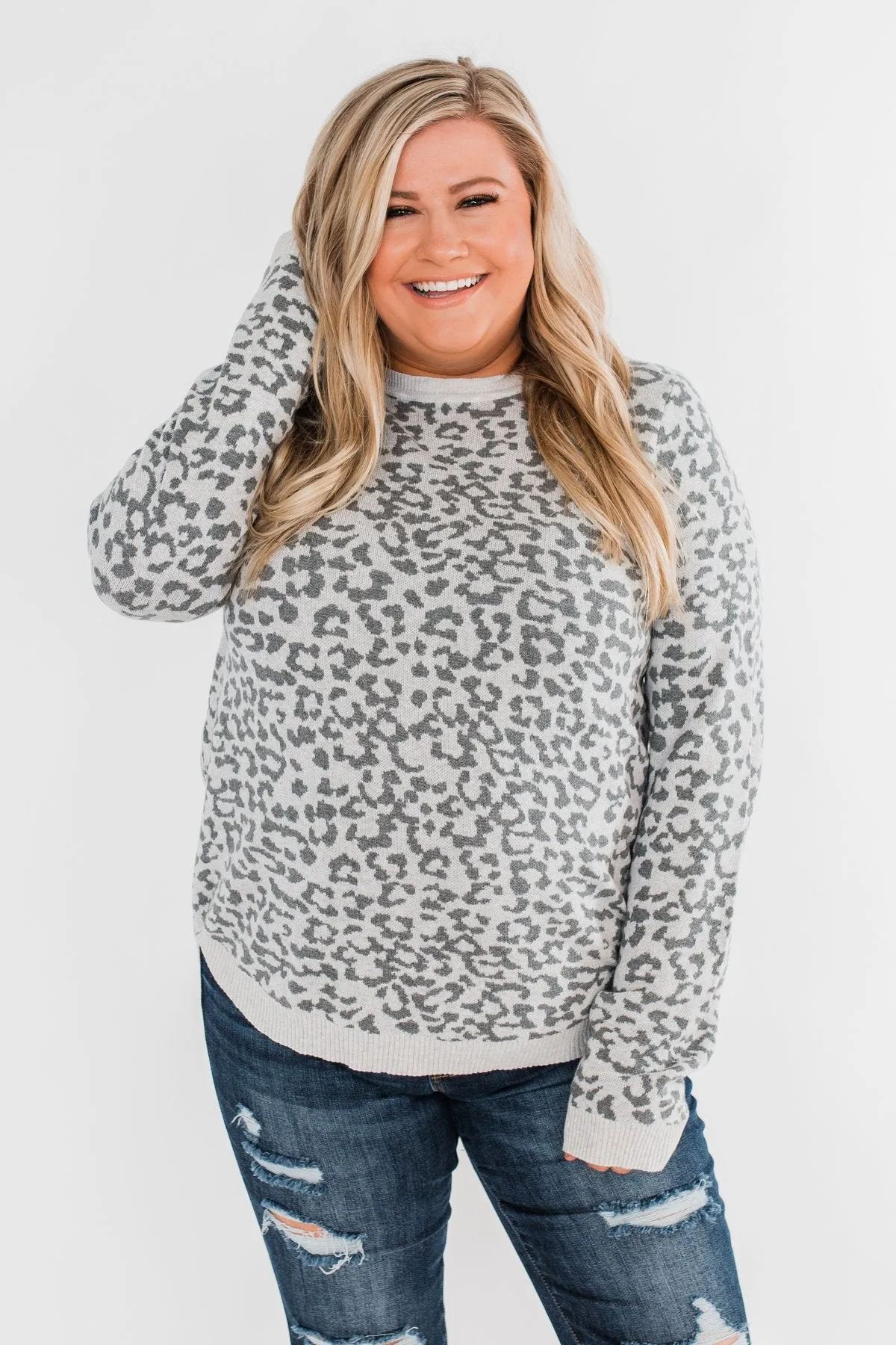 Naturally Fierce Leopard Sweater- Heather Grey