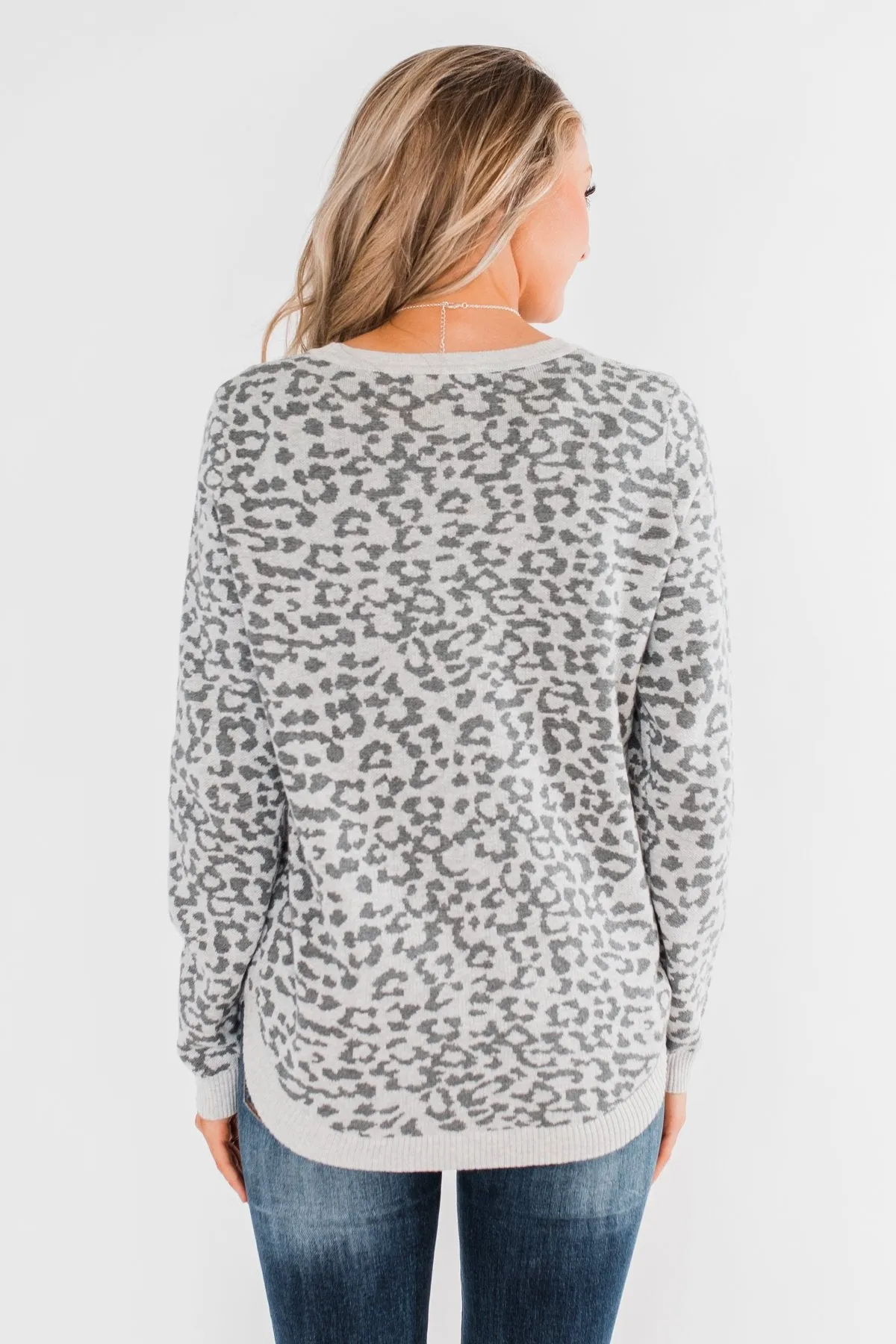 Naturally Fierce Leopard Sweater- Heather Grey