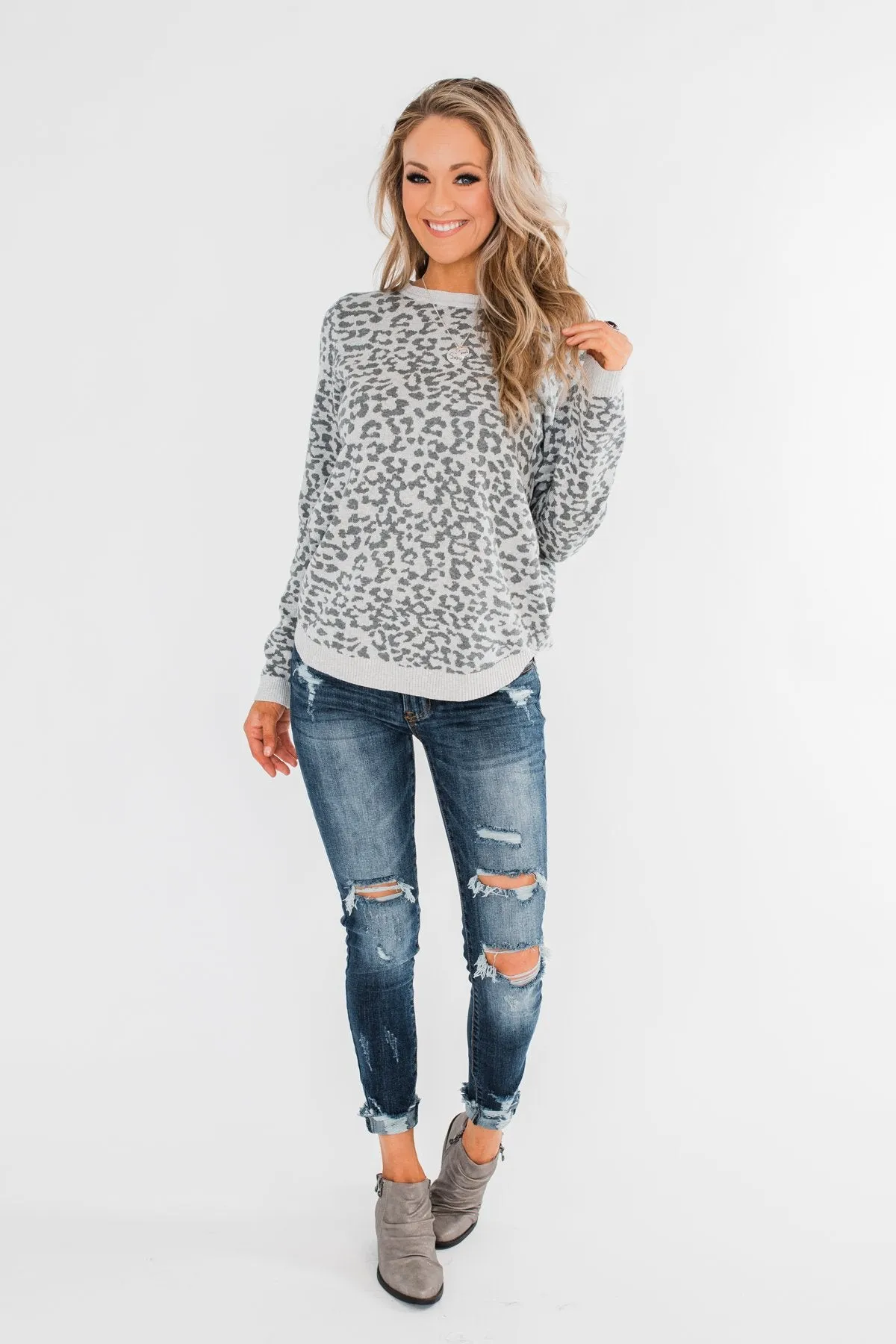 Naturally Fierce Leopard Sweater- Heather Grey