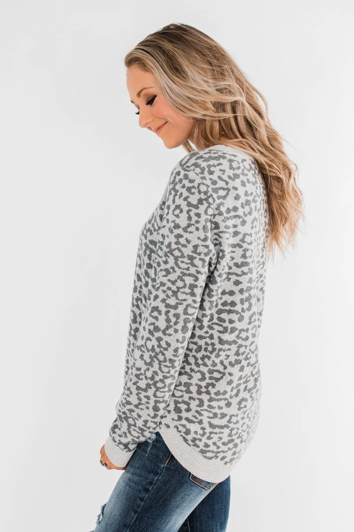 Naturally Fierce Leopard Sweater- Heather Grey