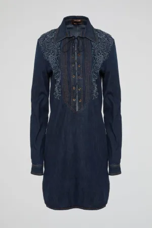 Navy Western Charm Embroidered Denim Tunic Dress