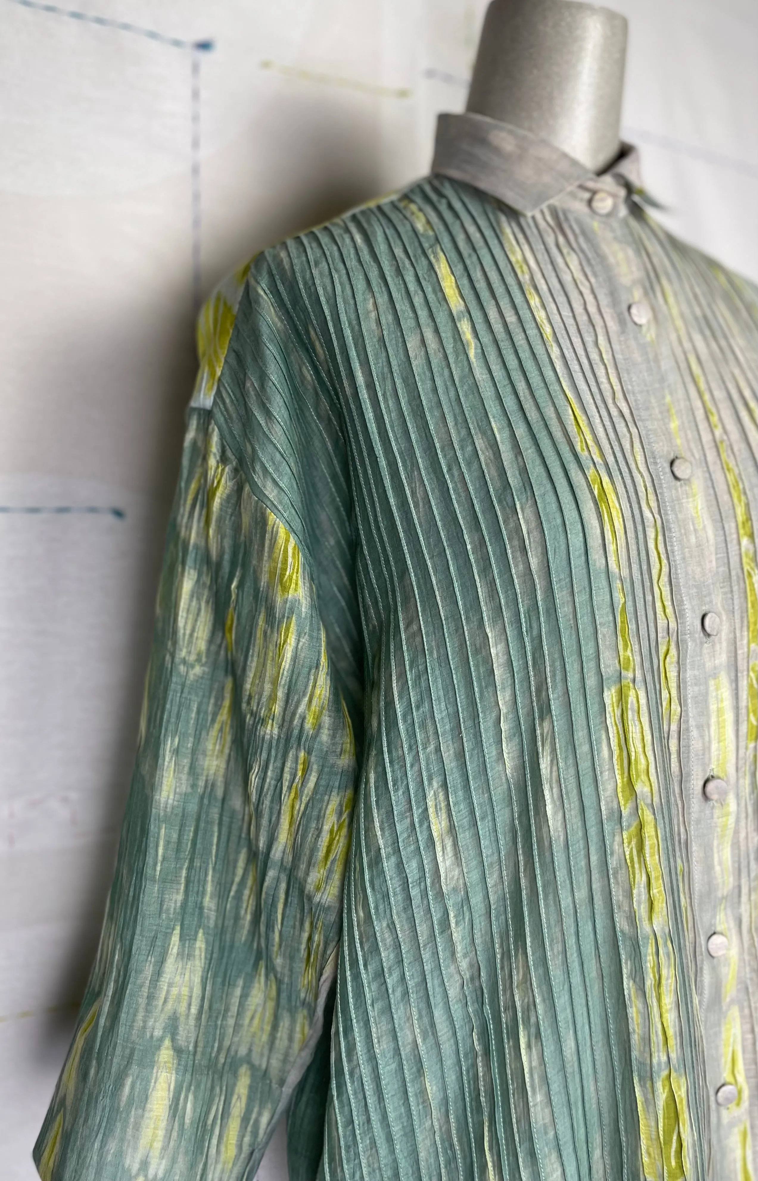 Neeru Kumar  ~  Pleat Front Long Shirt - Gray/Green