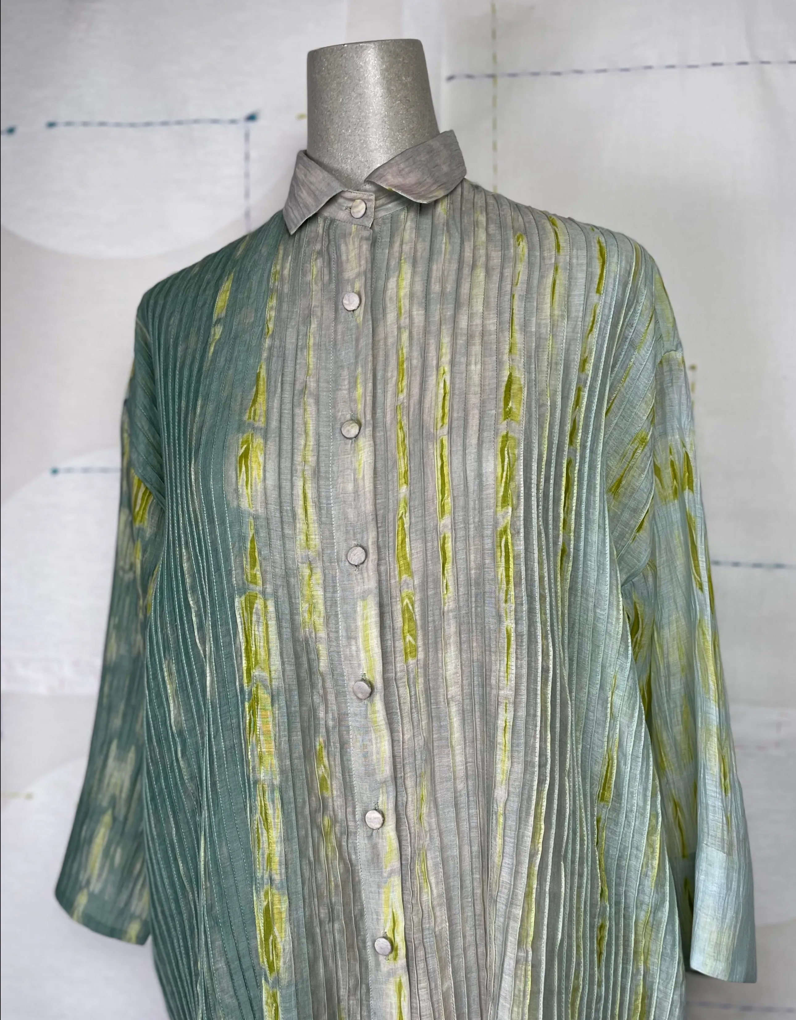 Neeru Kumar  ~  Pleat Front Long Shirt - Gray/Green