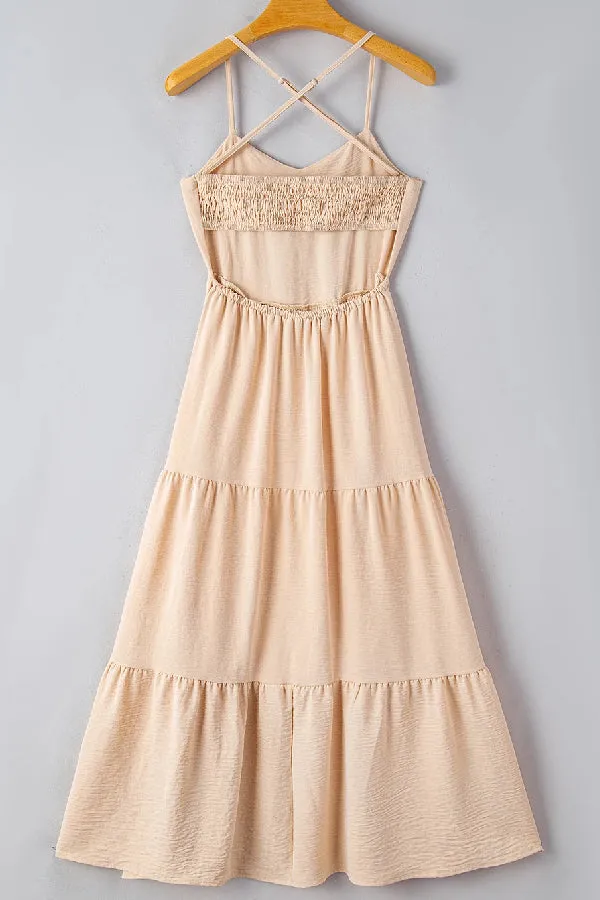 Oatmeal Crossover Backless Bodice Tiered Maxi Dress