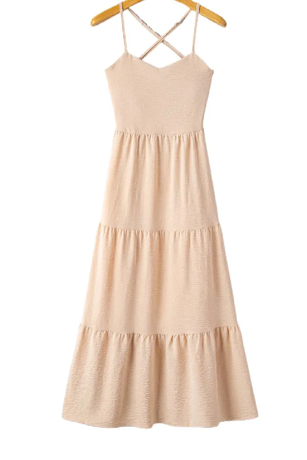 Oatmeal Crossover Backless Bodice Tiered Maxi Dress