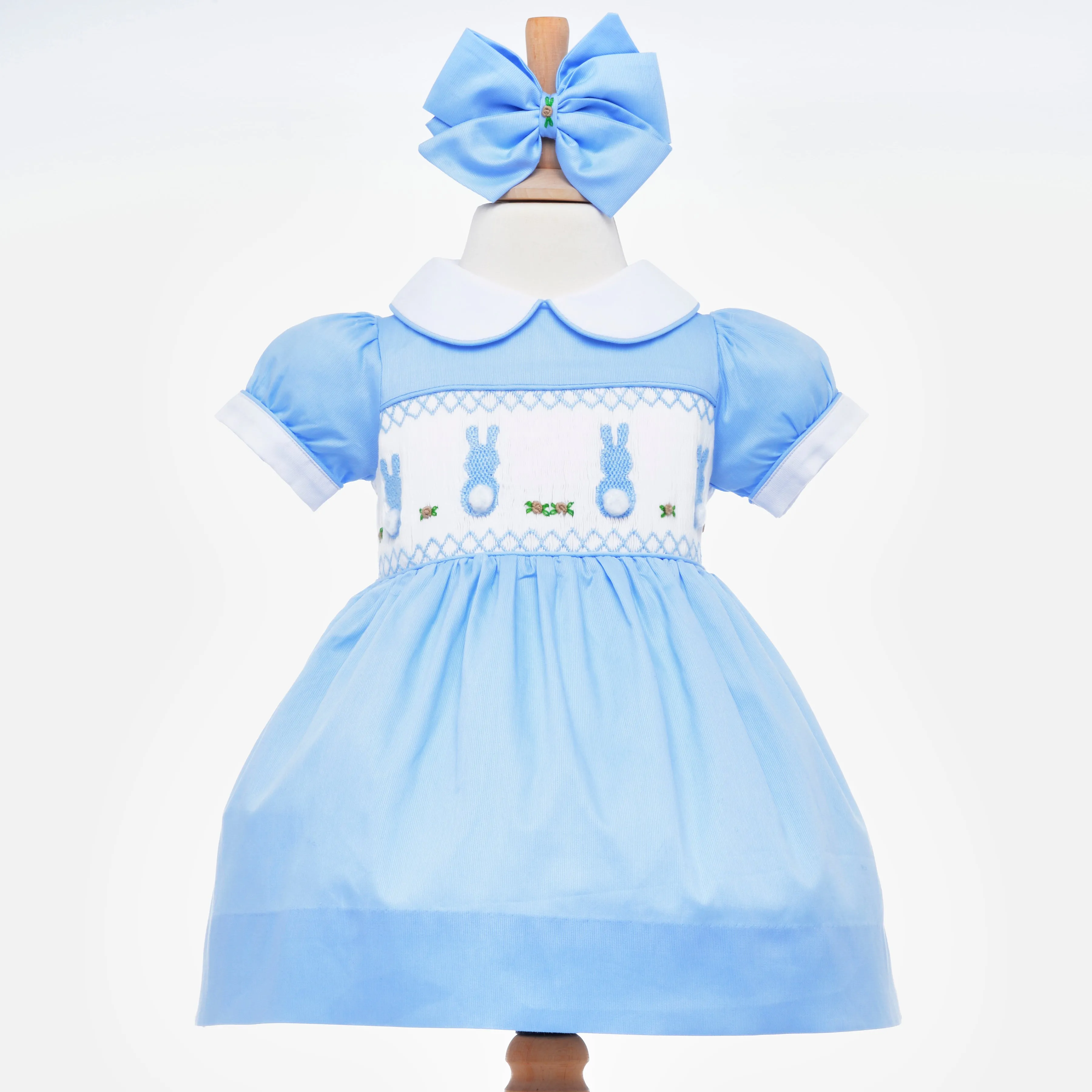 Ocean Baby Girls Blue Cotton Smocked Front & Back Bunny Dress (3M-8Yrs)