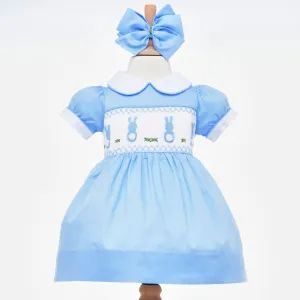 Ocean Baby Girls Blue Cotton Smocked Front & Back Bunny Dress (3M-8Yrs)