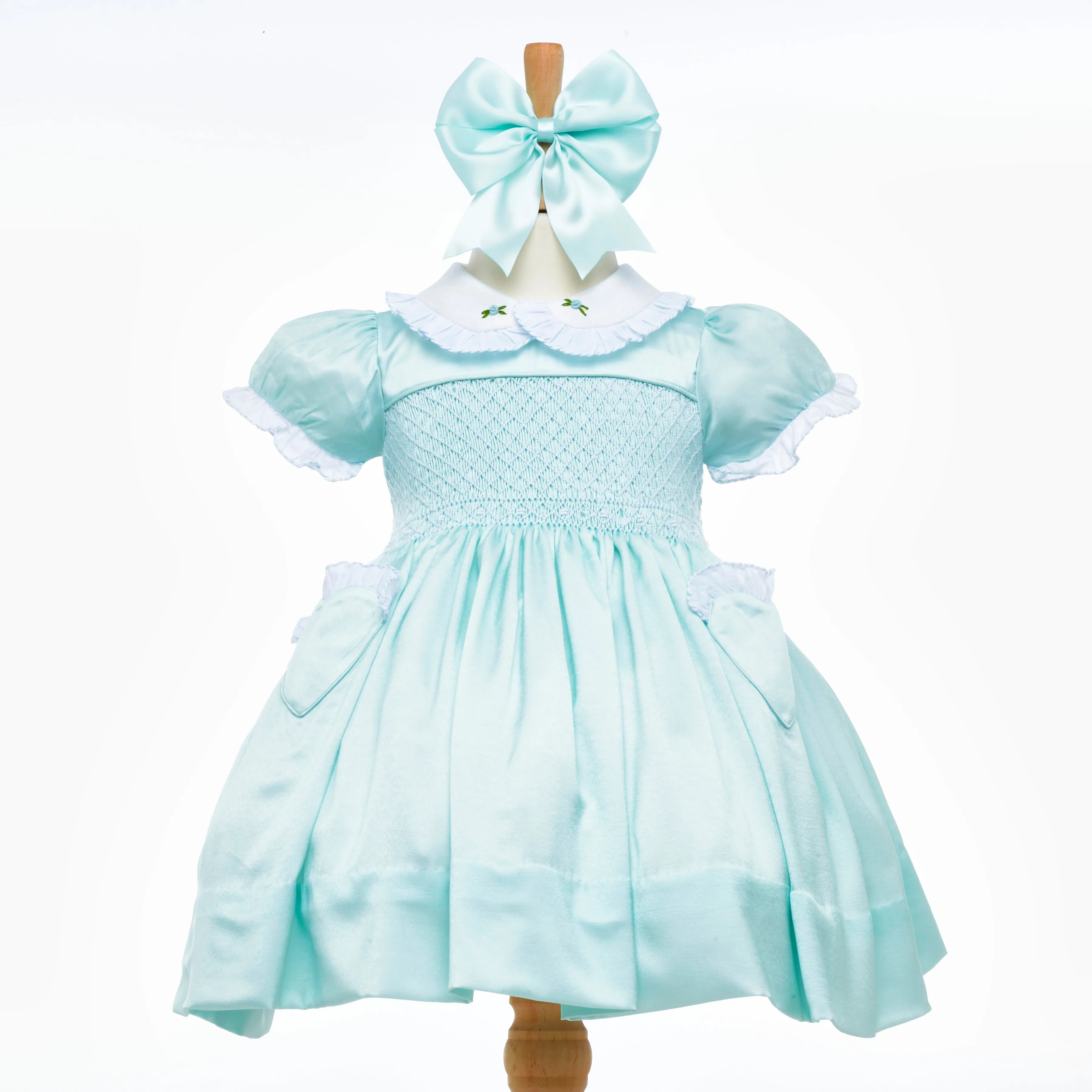 Ocean Baby Girls Exclusive Jasmine Lux Collection Satin Smocked Front & Back Petticoat Layered Dress (NB-8Yrs)
