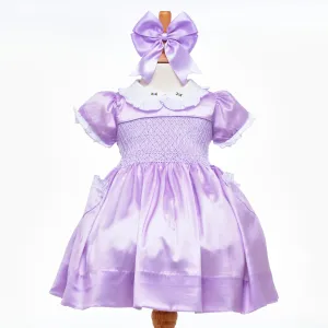 Ocean Baby Girls Exclusive Lilac Lux Collection Satin Smocked Front & Back Petticoat Layered Dress (NB-8Yrs)