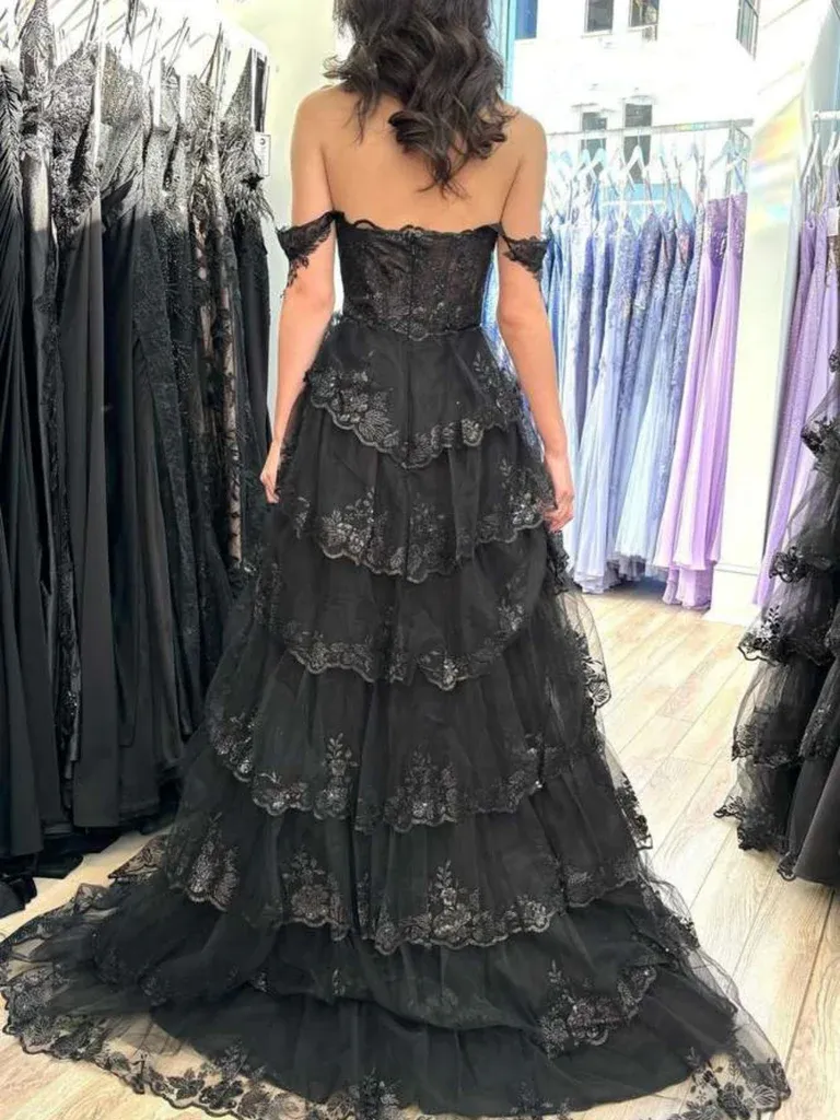 Off Shoulder Black Lace Layered Long Prom Dresses, Off the Shoulder Black Lace Layered Formal Evening Dresses