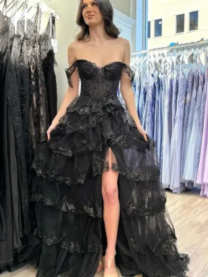 Off Shoulder Black Lace Layered Long Prom Dresses, Off the Shoulder Black Lace Layered Formal Evening Dresses