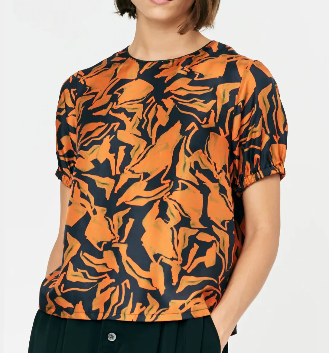 Painted Abstract Forest Vibrations Silk Print Puff Sleeve Blouse
