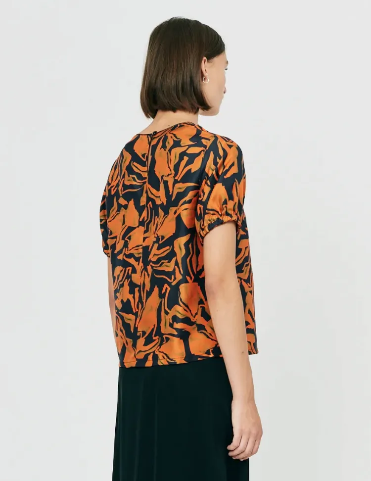 Painted Abstract Forest Vibrations Silk Print Puff Sleeve Blouse