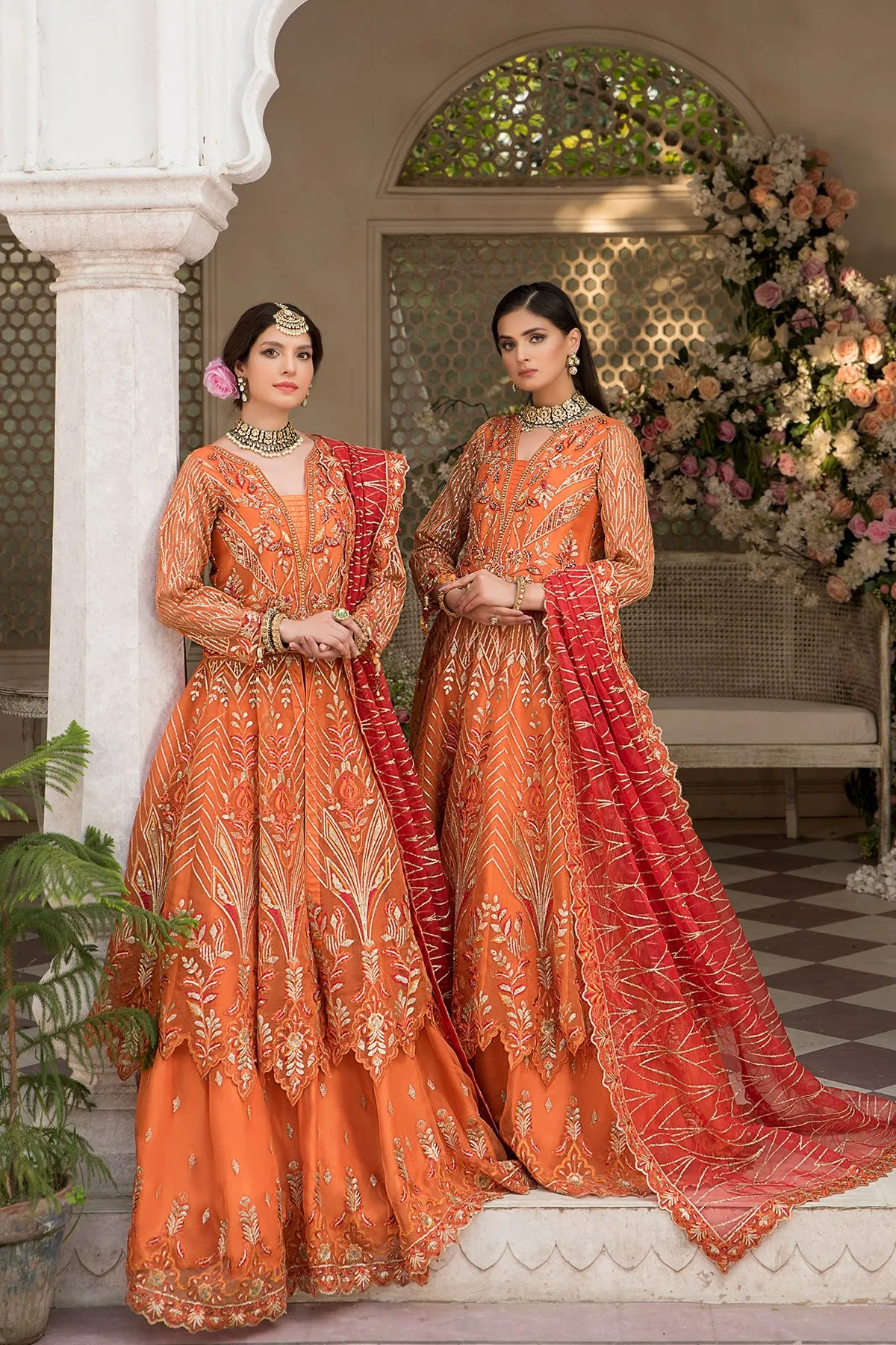 Peach Heavily Embroidered Pakistani Wedding Dress Double Layered Pishwas