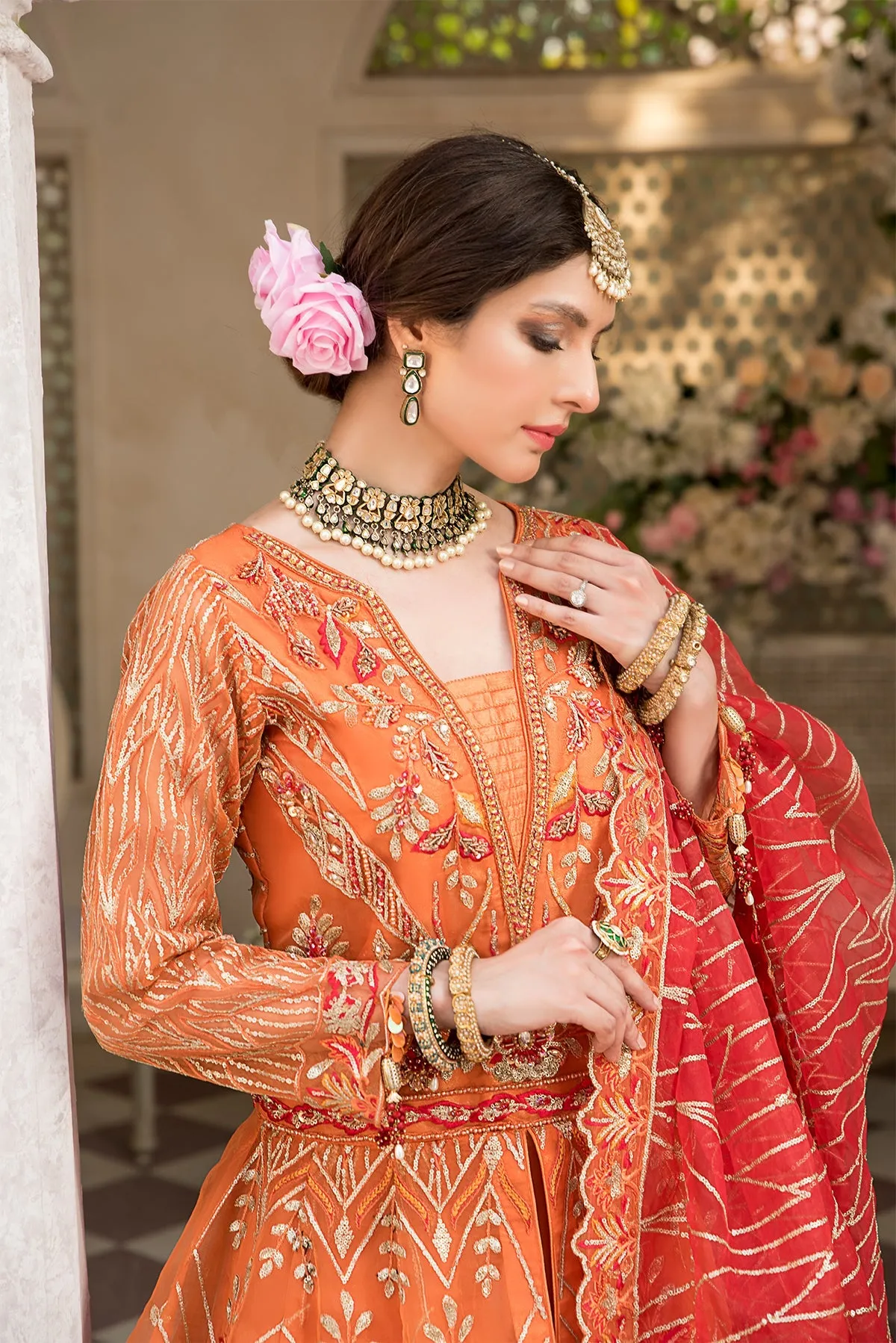 Peach Heavily Embroidered Pakistani Wedding Dress Double Layered Pishwas