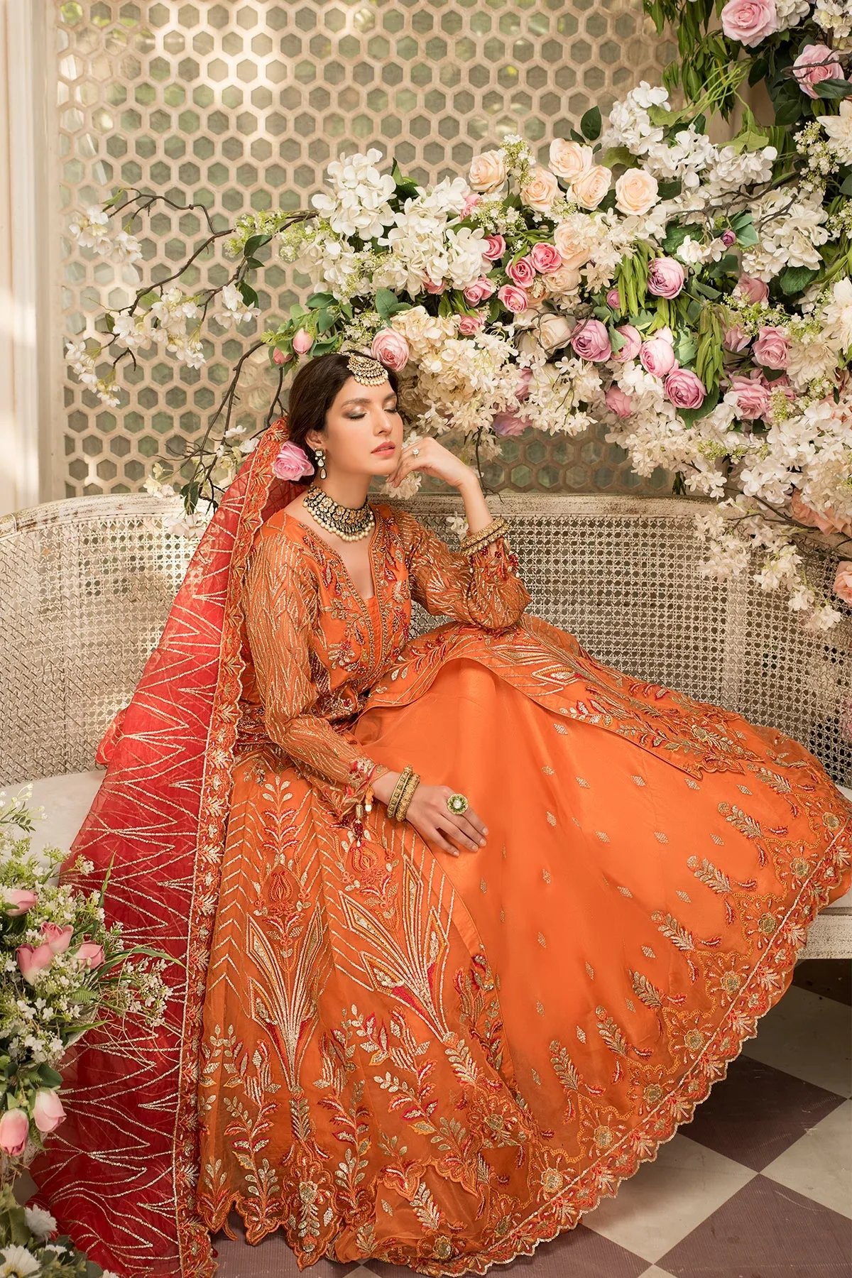 Peach Heavily Embroidered Pakistani Wedding Dress Double Layered Pishwas