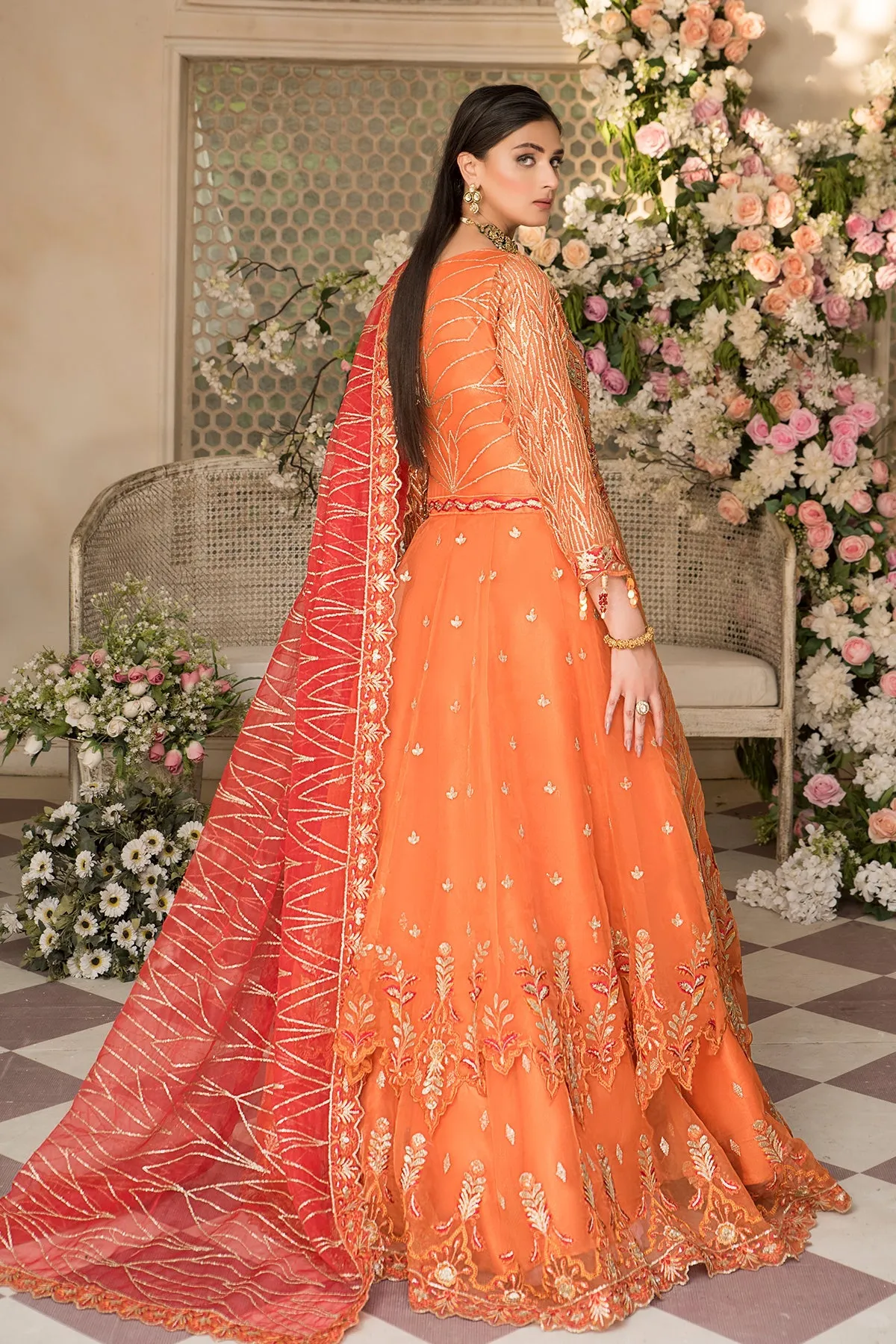 Peach Heavily Embroidered Pakistani Wedding Dress Double Layered Pishwas