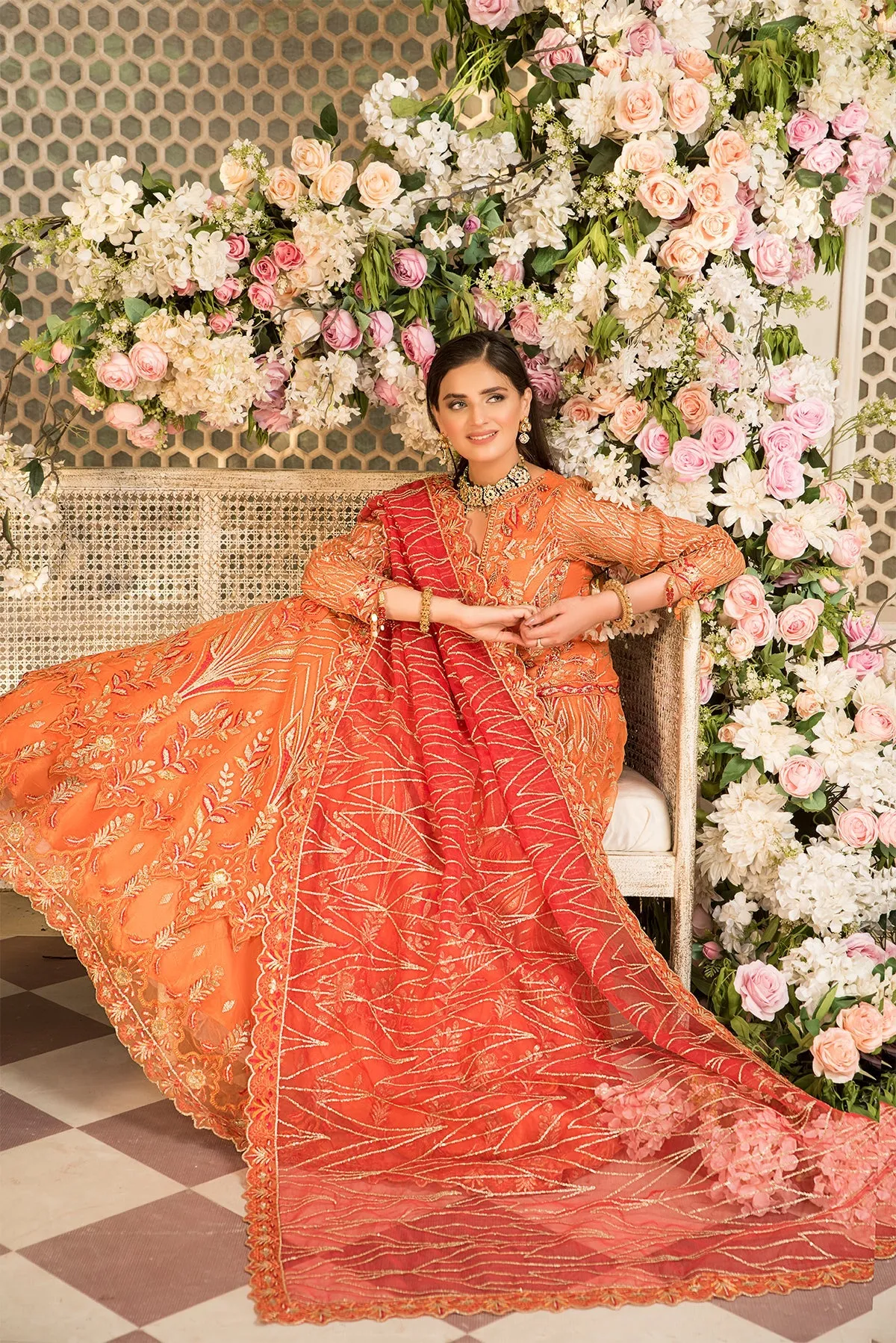 Peach Heavily Embroidered Pakistani Wedding Dress Double Layered Pishwas