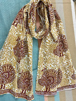 Peacock Dance Block Printed on Cotton Scarf
