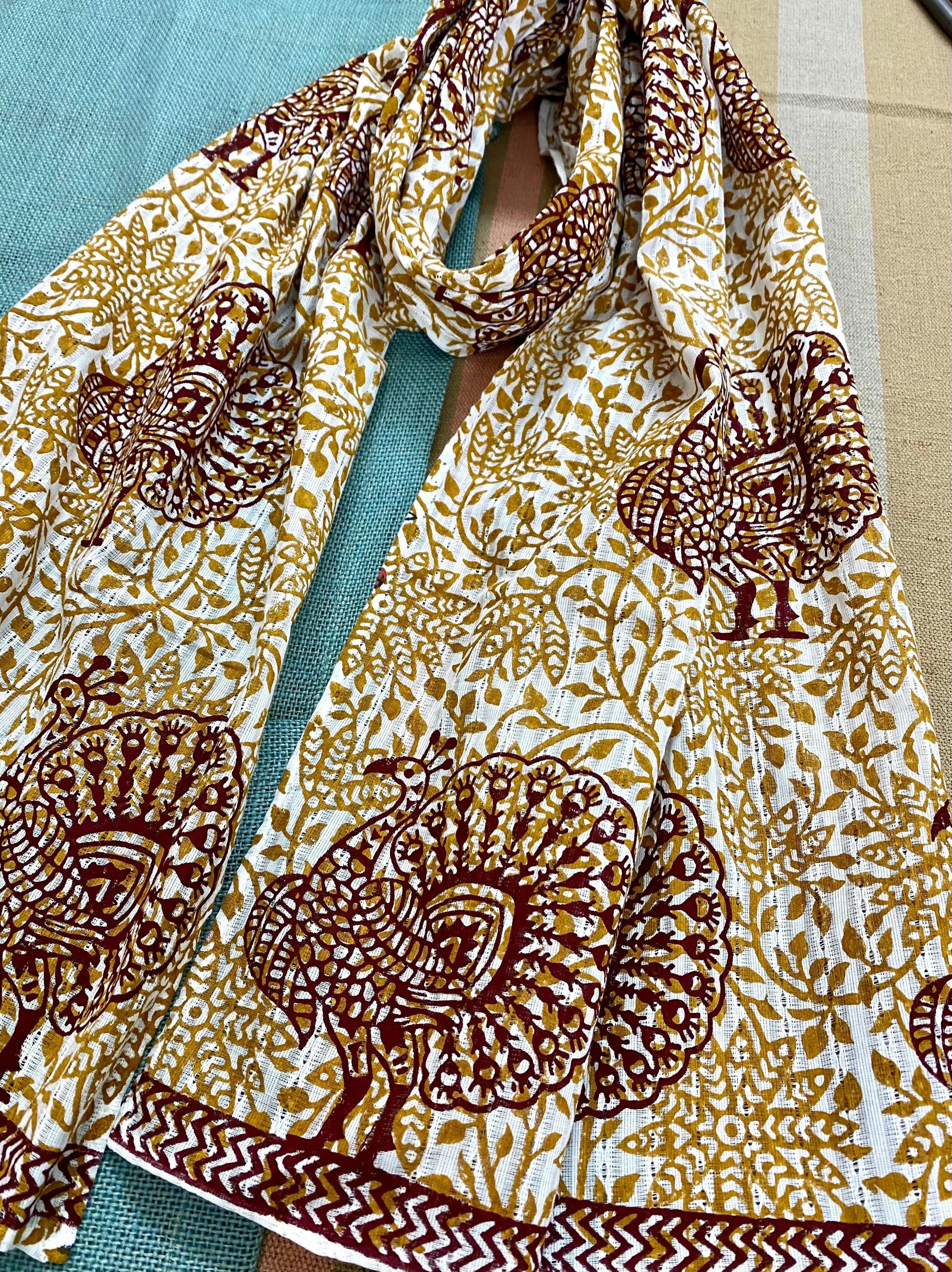 Peacock Dance Block Printed on Cotton Scarf