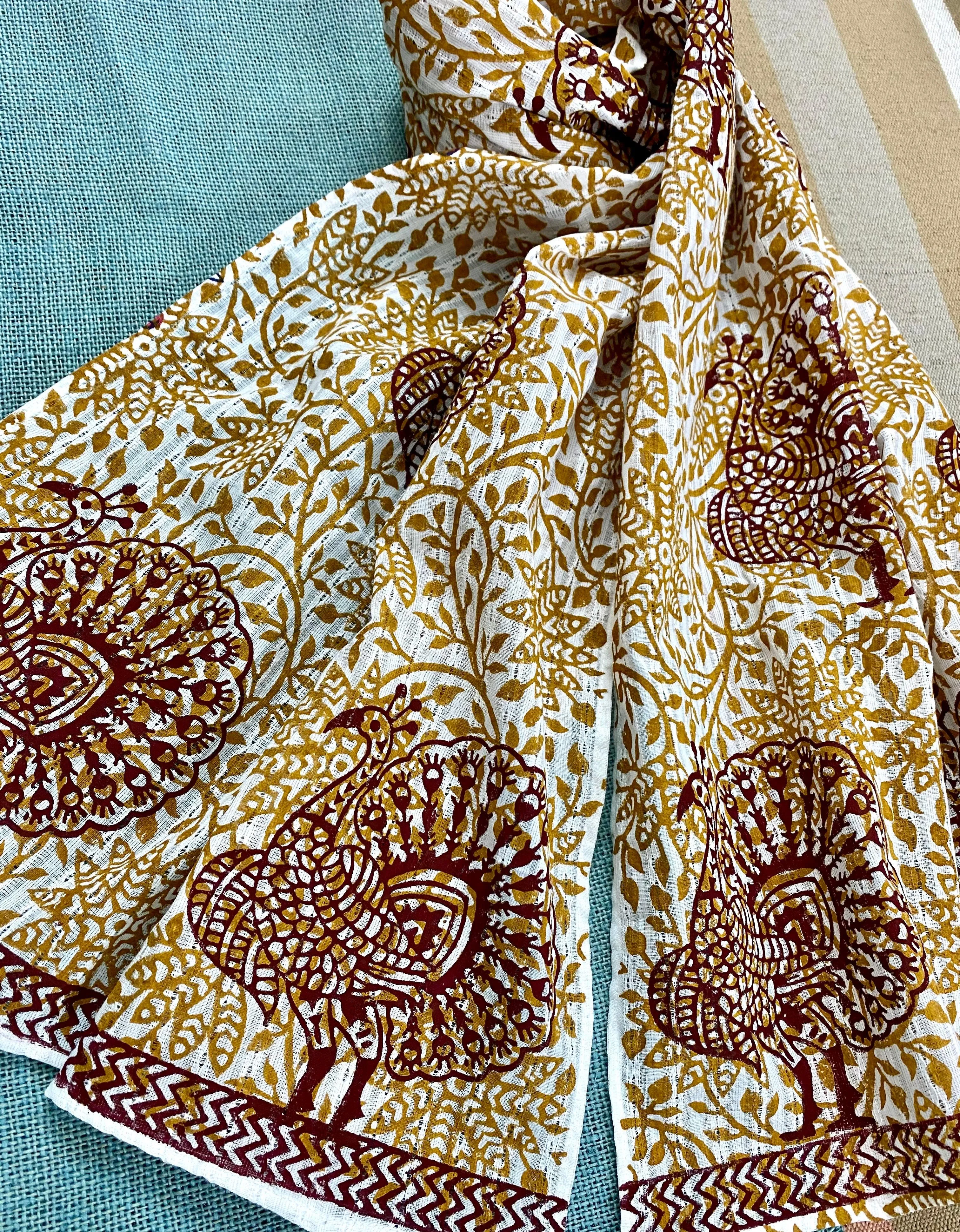 Peacock Dance Block Printed on Cotton Scarf