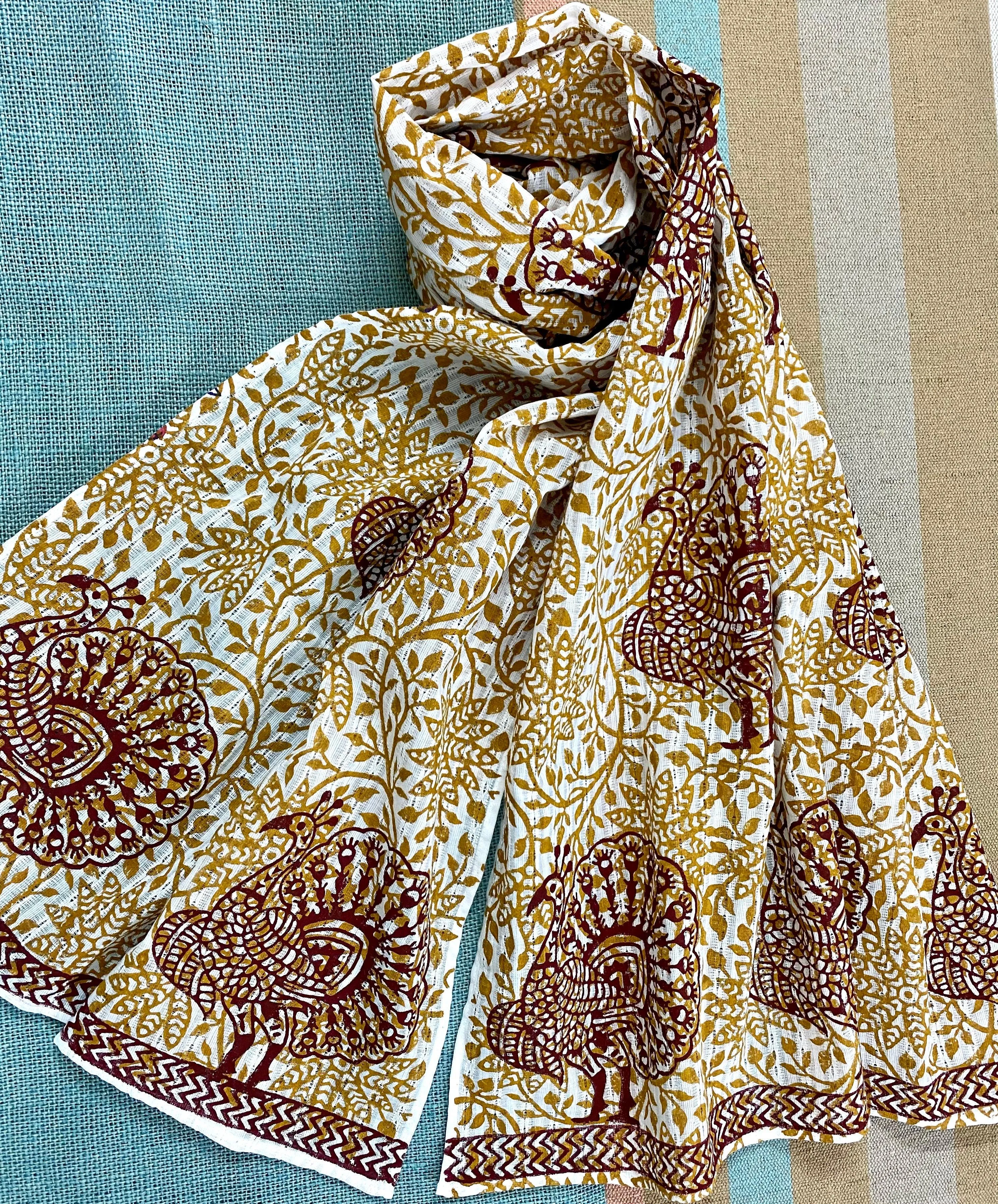 Peacock Dance Block Printed on Cotton Scarf