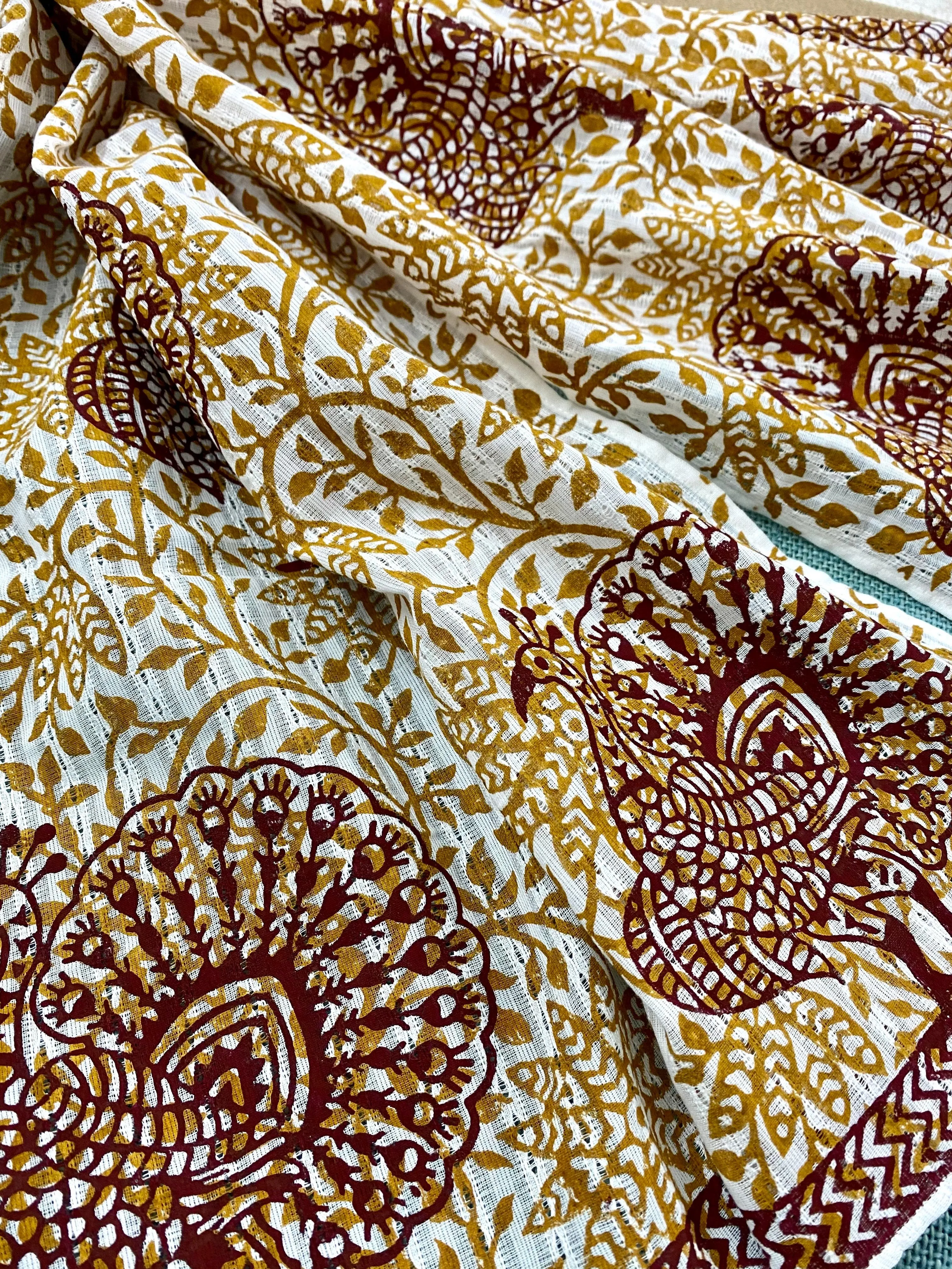 Peacock Dance Block Printed on Cotton Scarf