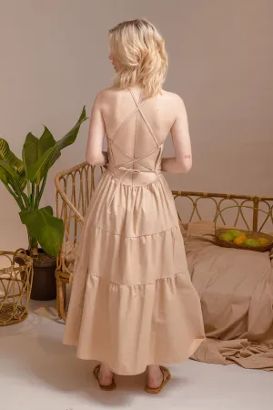 PERFECTA Cris Cross Tie Back Midi Dress (Nude Linen)