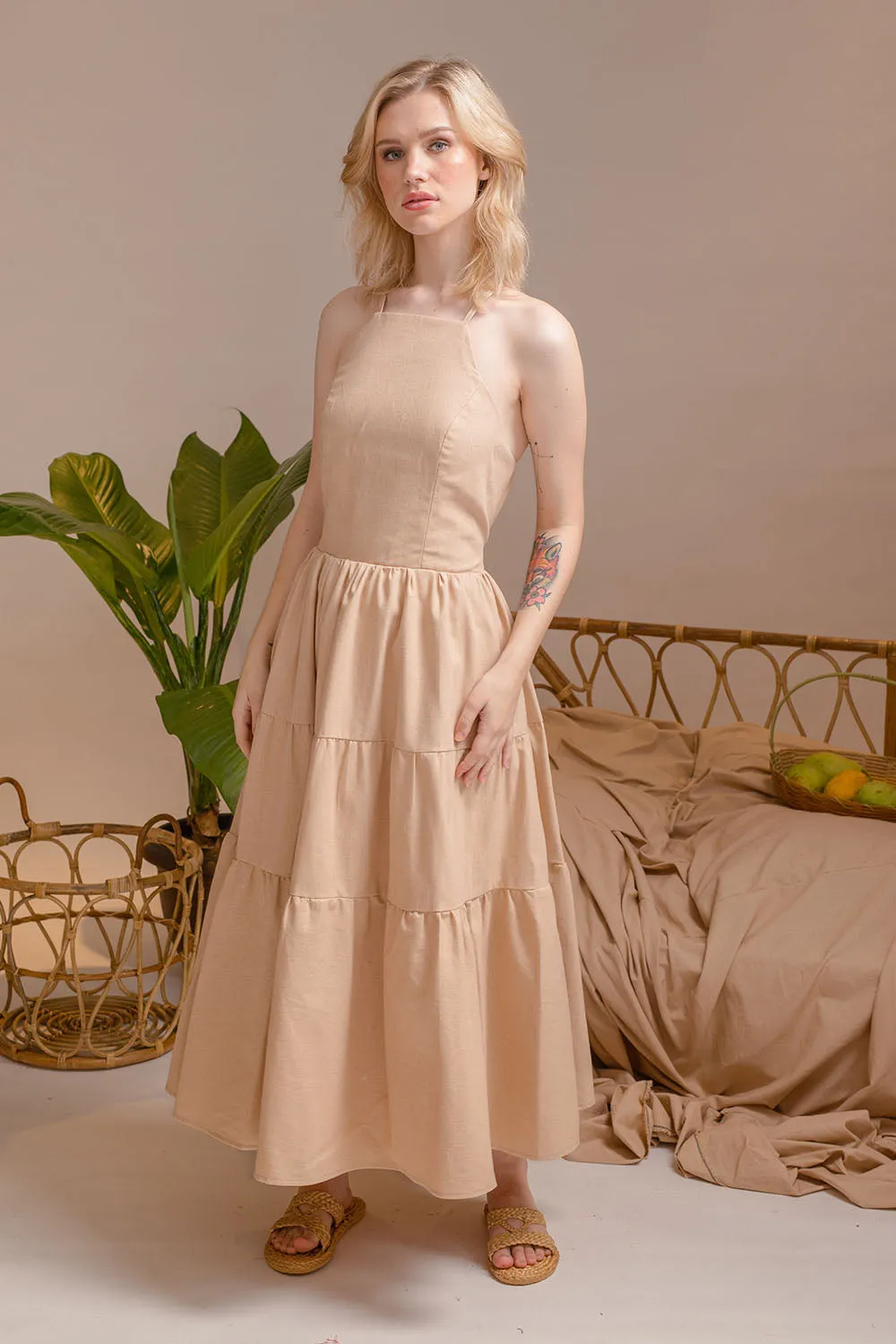 PERFECTA Cris Cross Tie Back Midi Dress (Nude Linen)