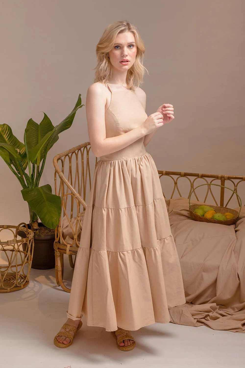PERFECTA Cris Cross Tie Back Midi Dress (Nude Linen)