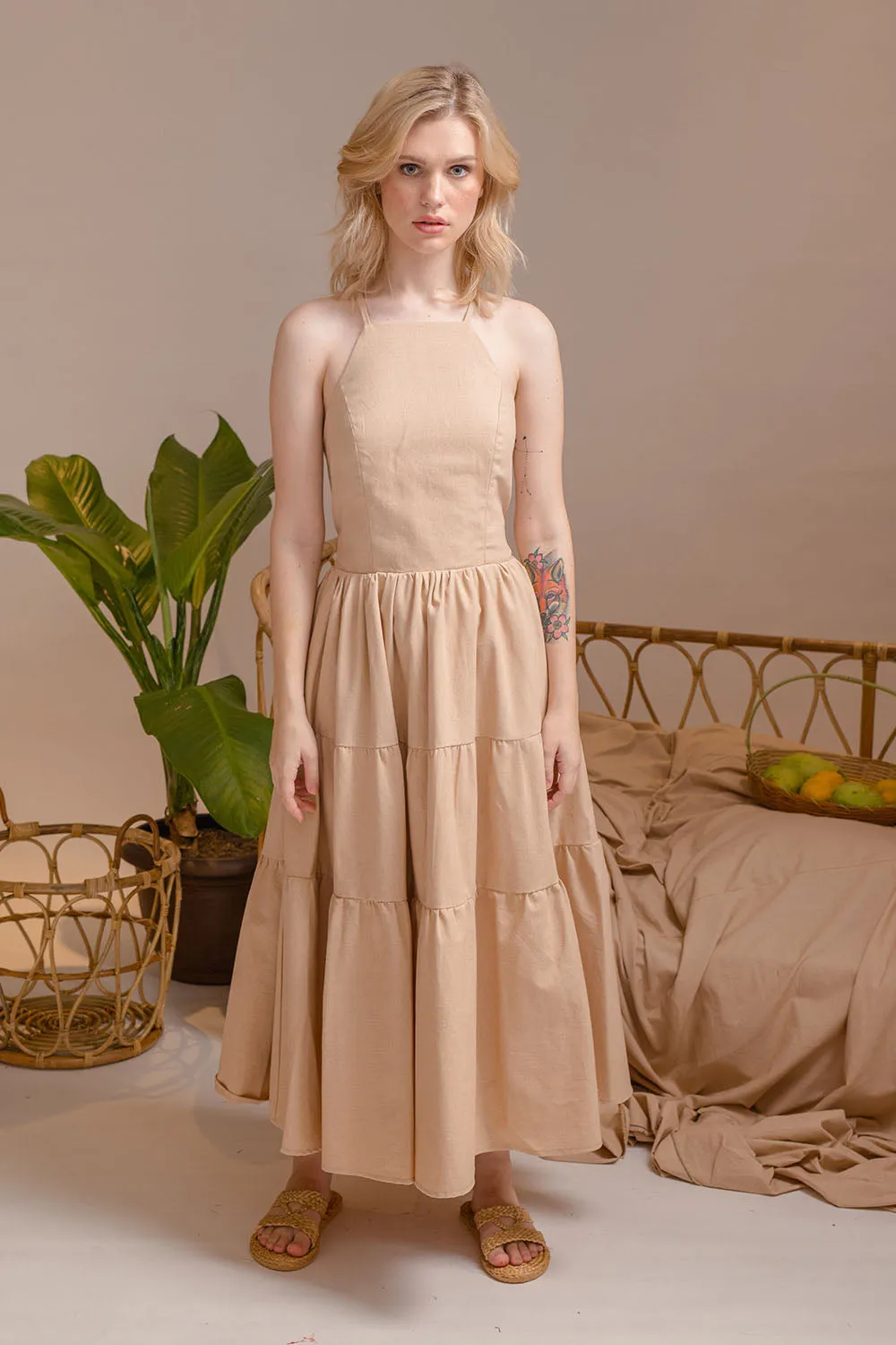PERFECTA Cris Cross Tie Back Midi Dress (Nude Linen)