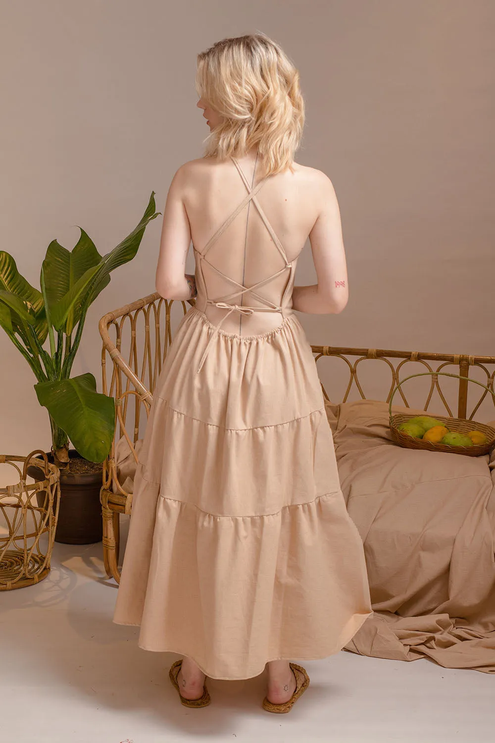 PERFECTA Cris Cross Tie Back Midi Dress (Nude Linen)
