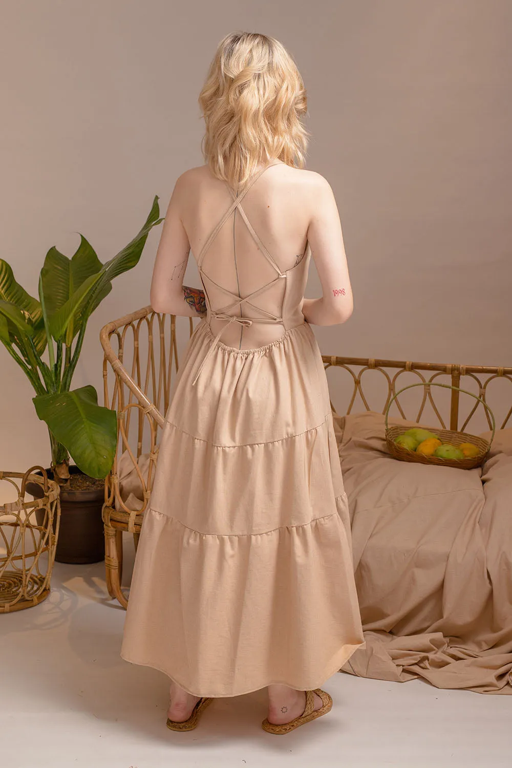 PERFECTA Cris Cross Tie Back Midi Dress (Nude Linen)