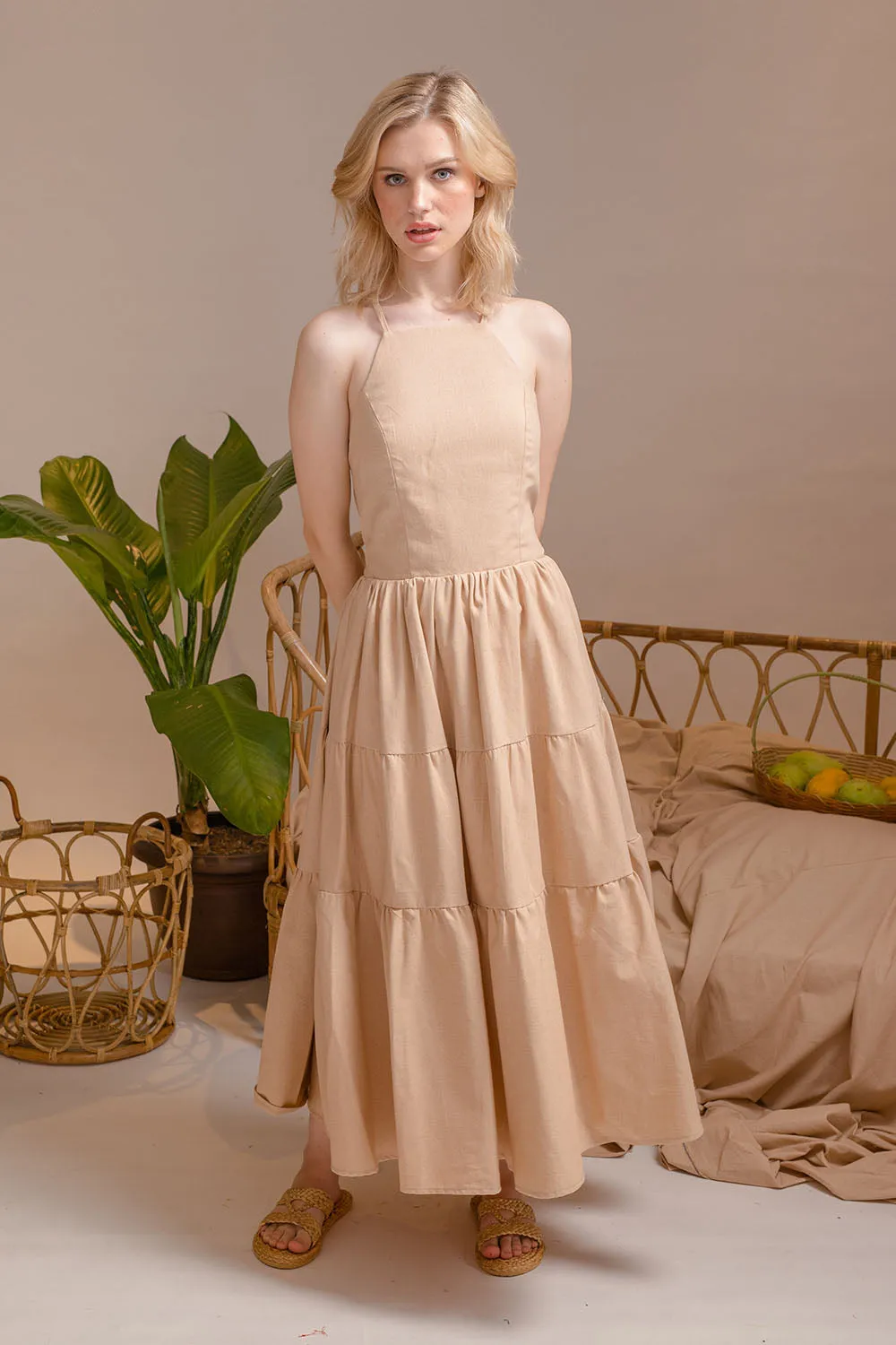 PERFECTA Cris Cross Tie Back Midi Dress (Nude Linen)