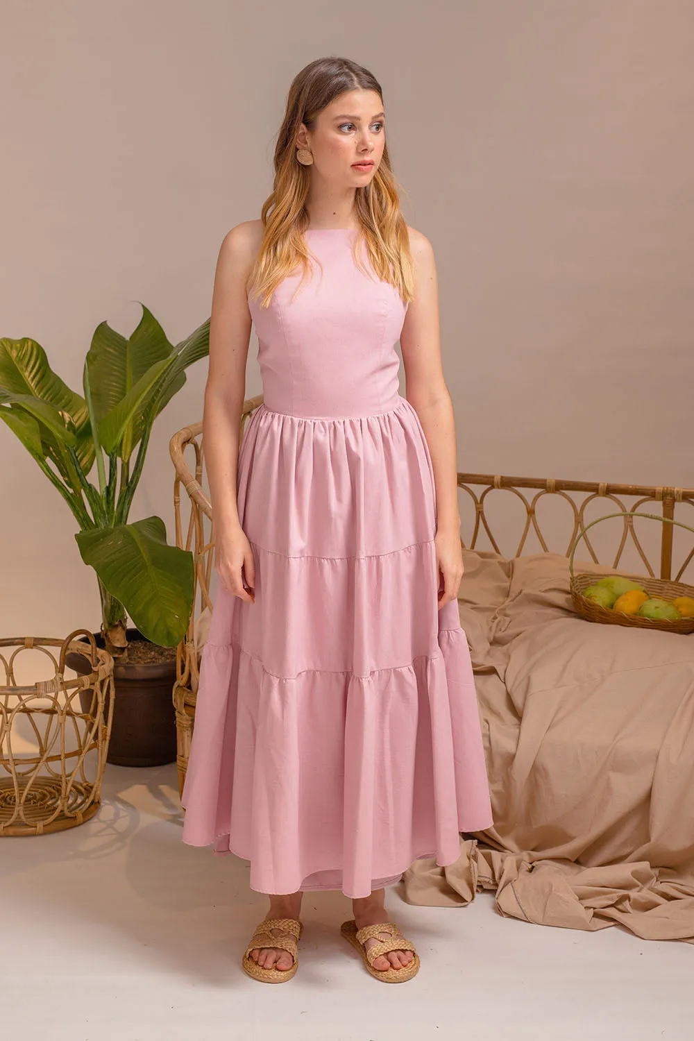 PERFECTA Cris Cross Tie Back Midi Dress (Pink Linen)