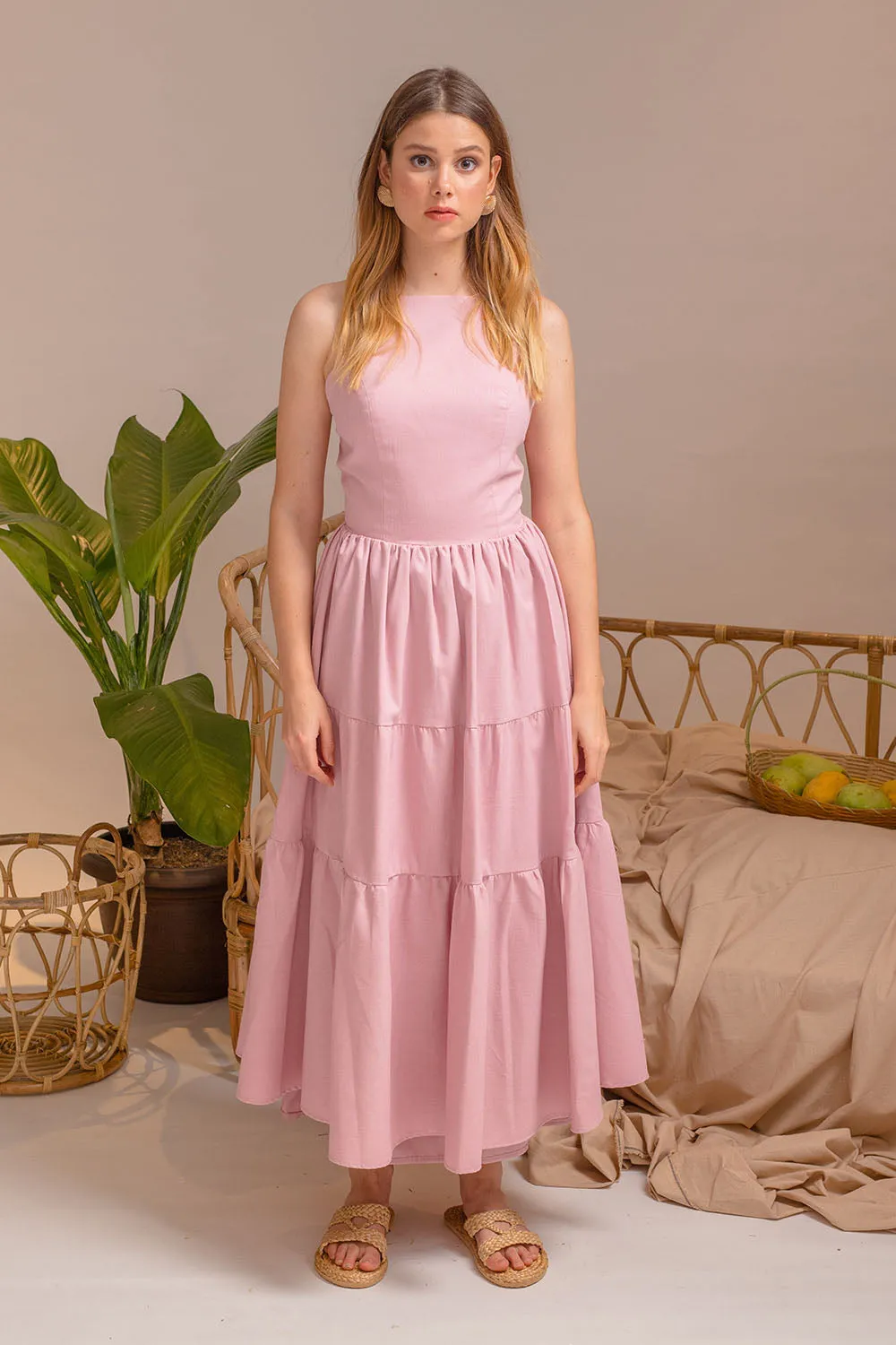 PERFECTA Cris Cross Tie Back Midi Dress (Pink Linen)