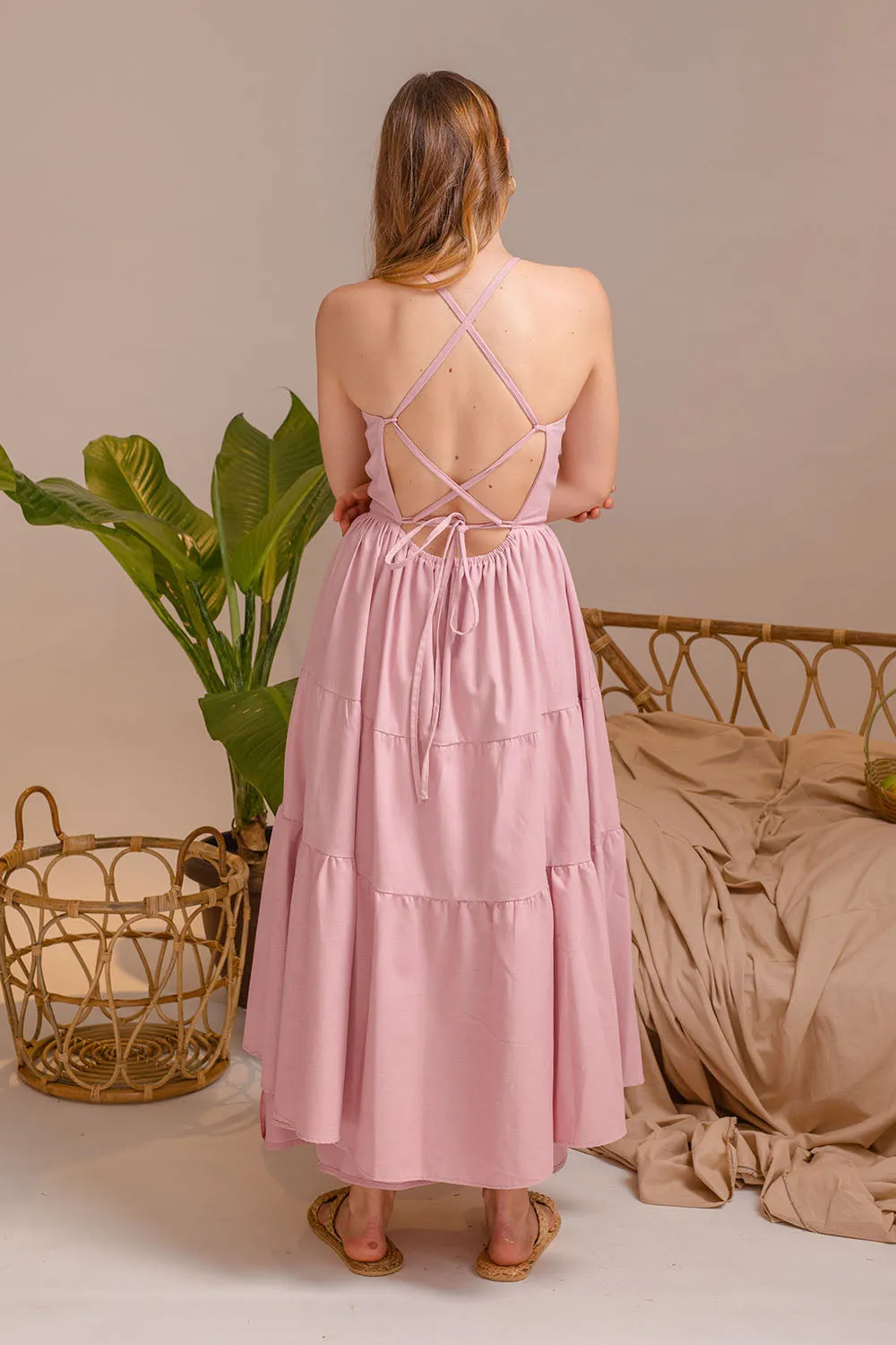 PERFECTA Cris Cross Tie Back Midi Dress (Pink Linen)