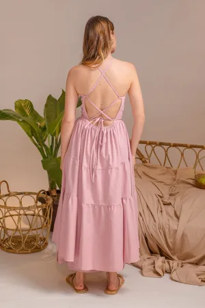 PERFECTA Cris Cross Tie Back Midi Dress (Pink Linen)