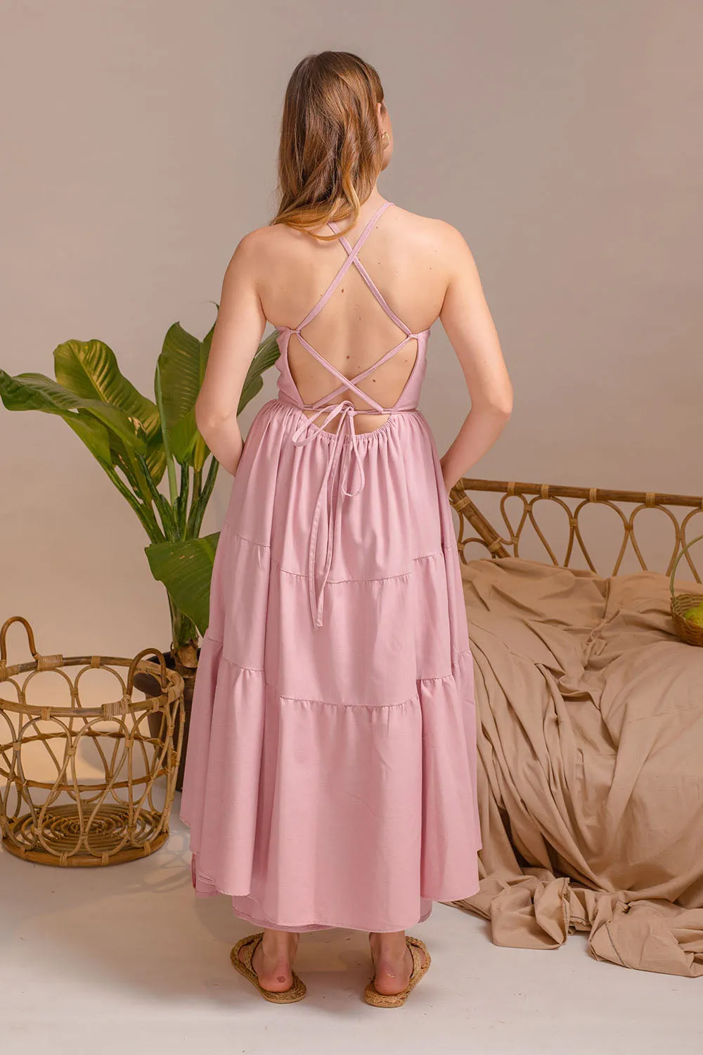 PERFECTA Cris Cross Tie Back Midi Dress (Pink Linen)