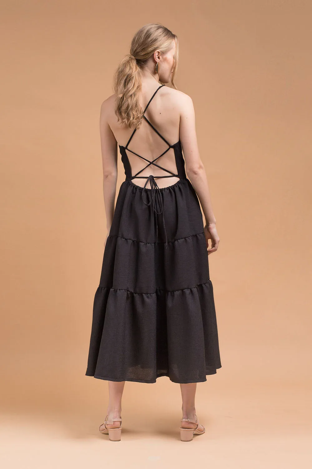 PERFECTA Criss Cross Tie Back Midi Dress (Black Linen)