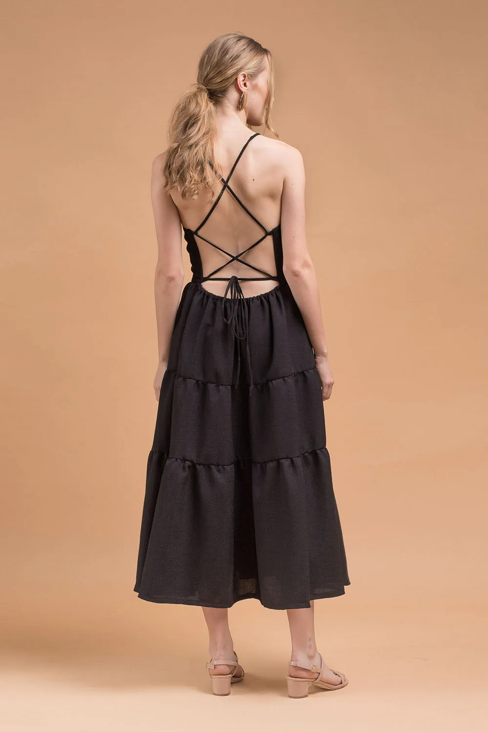 PERFECTA Criss Cross Tie Back Midi Dress (Black Linen)