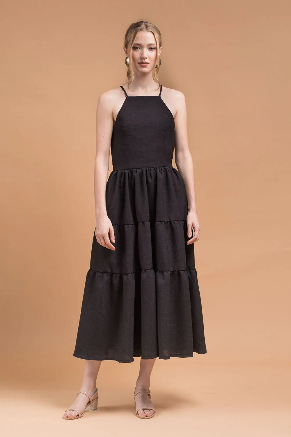 PERFECTA Criss Cross Tie Back Midi Dress (Black Linen)