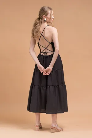 PERFECTA Criss Cross Tie Back Midi Dress (Black Linen)