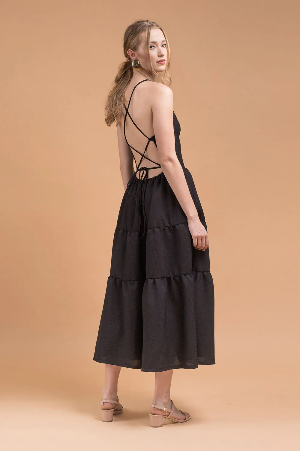 PERFECTA Criss Cross Tie Back Midi Dress (Black Linen)