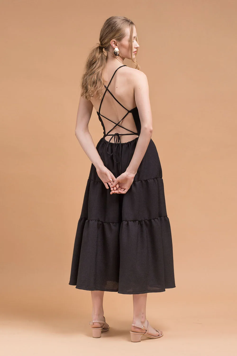PERFECTA Criss Cross Tie Back Midi Dress (Black Linen)