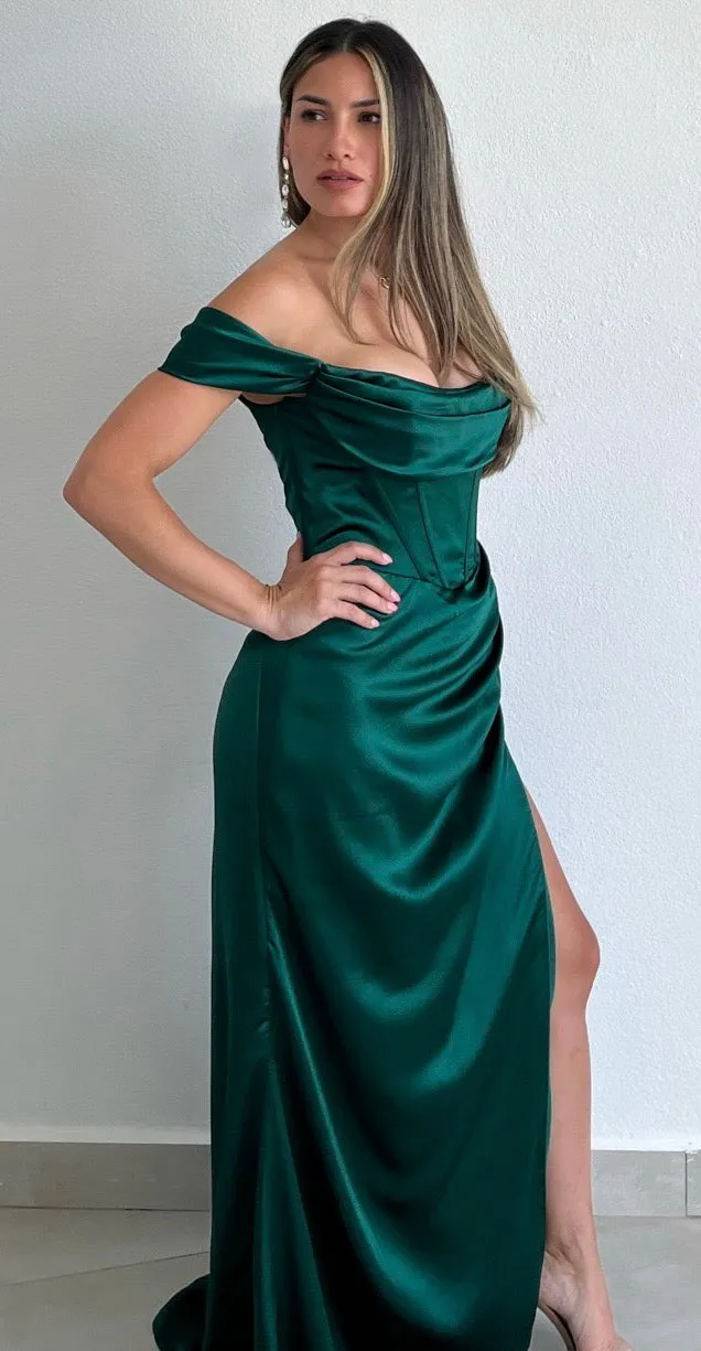Perfectly Classy Emerald Off-Shoulder Satin Formal Gown