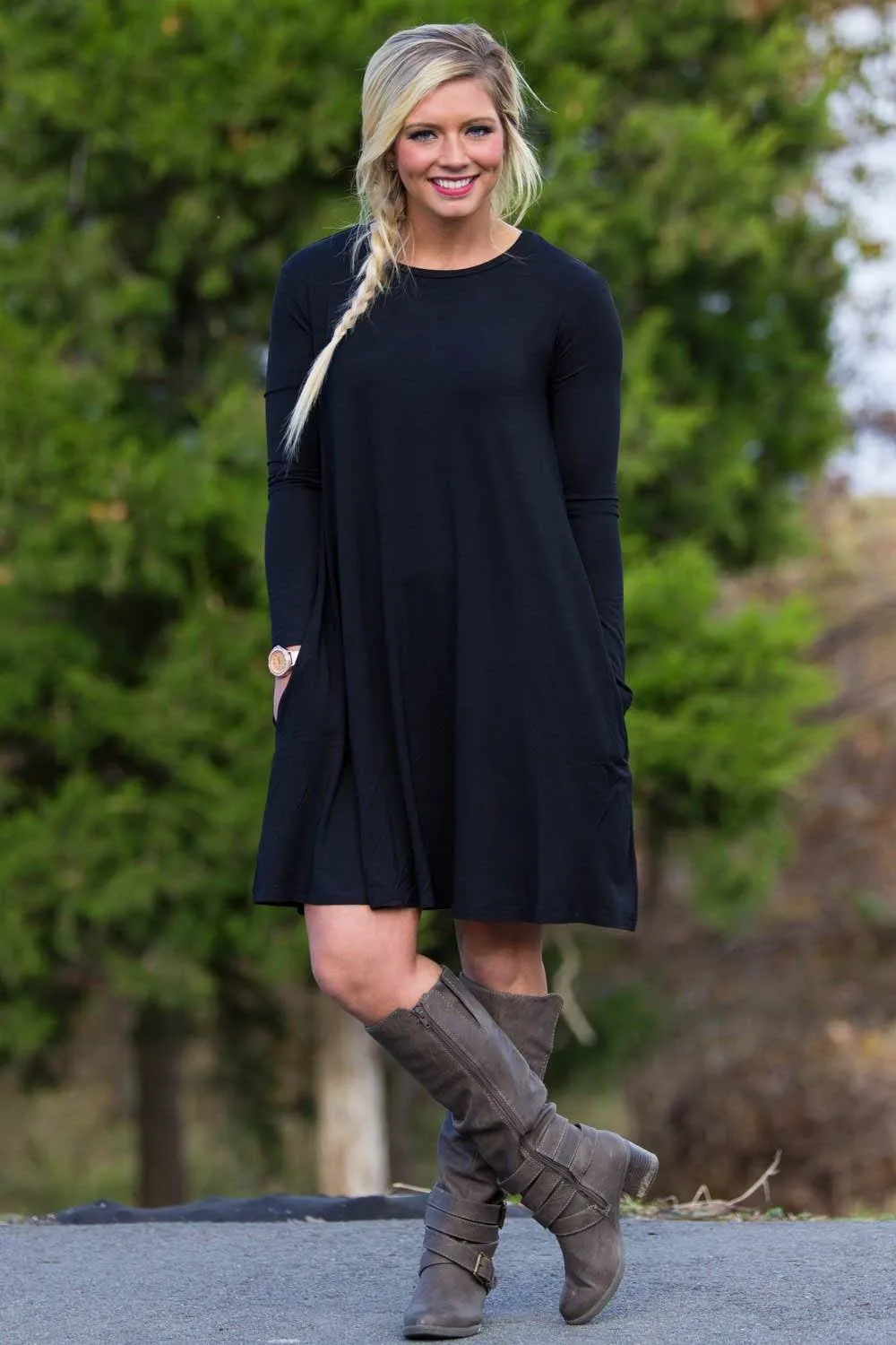 Piko 3/4 Sleeve Swing Dress - Black